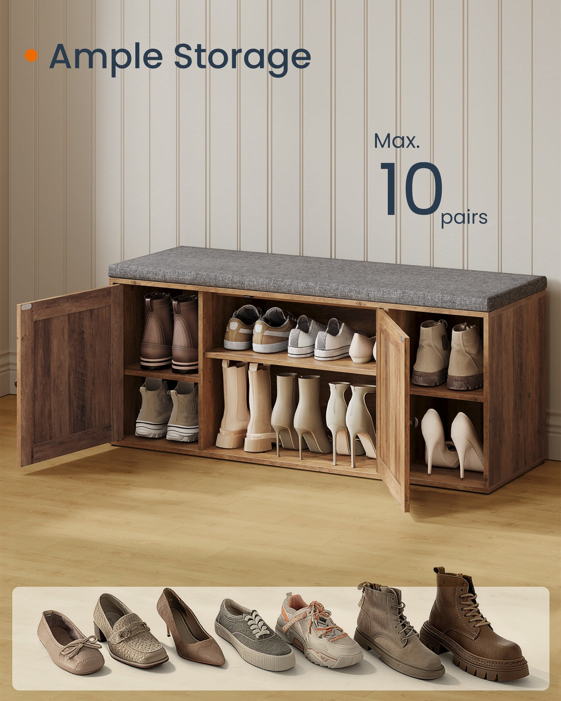 SONGMICS HOME Storage Bench, 14 X 40.2 X 17.3 Inches, Brown and Gray – Honey Brown, Slate Gray