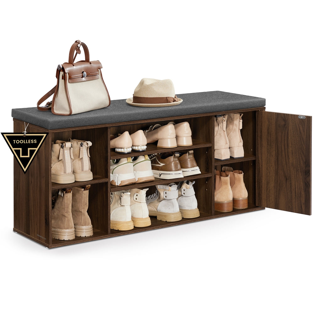 SONGMICS HOME Storage Bench, Superfast Toolless Assembly – Natural Walnut, Slate Gray