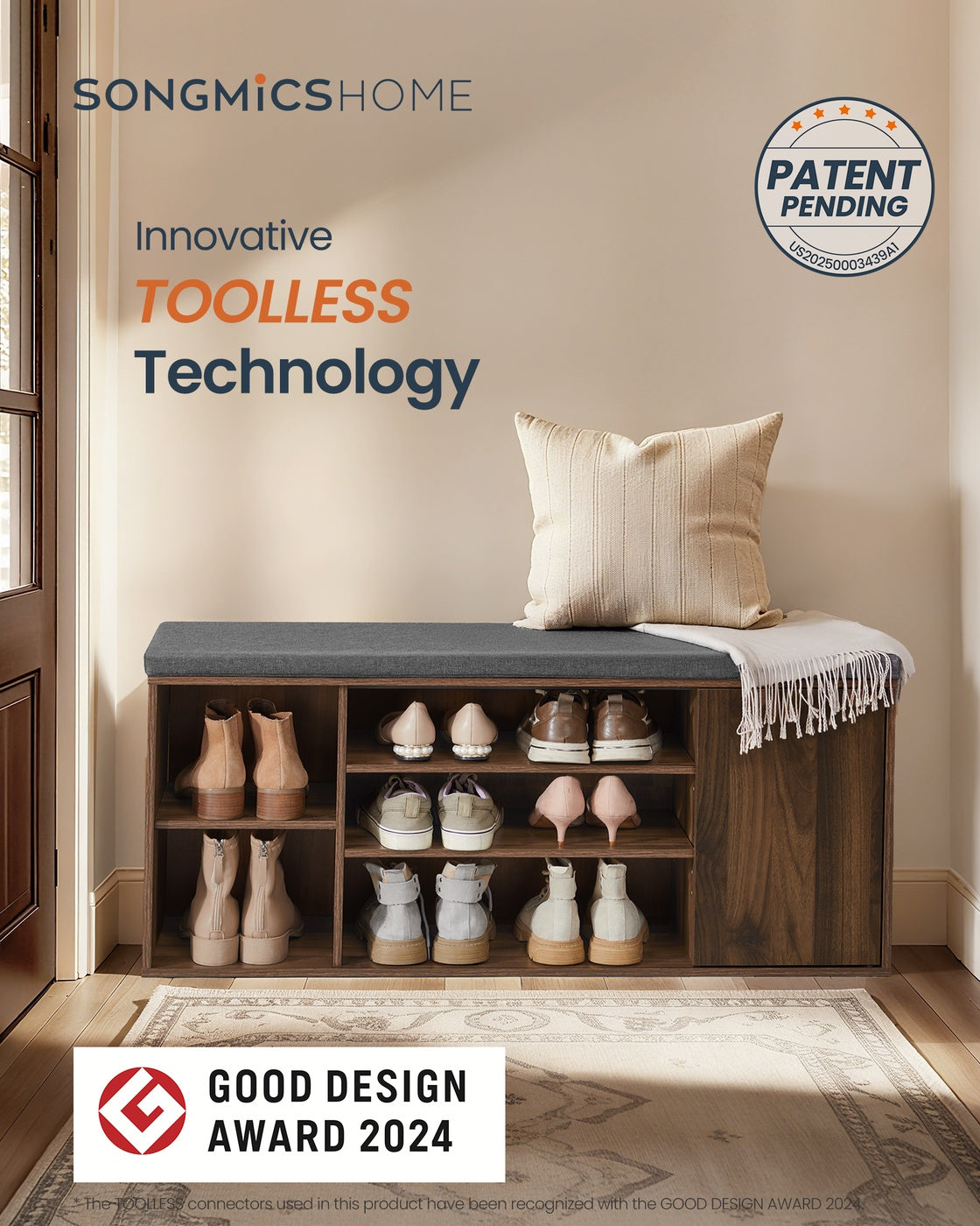 SONGMICS HOME Storage Bench, Superfast Toolless Assembly – Natural Walnut, Slate Gray