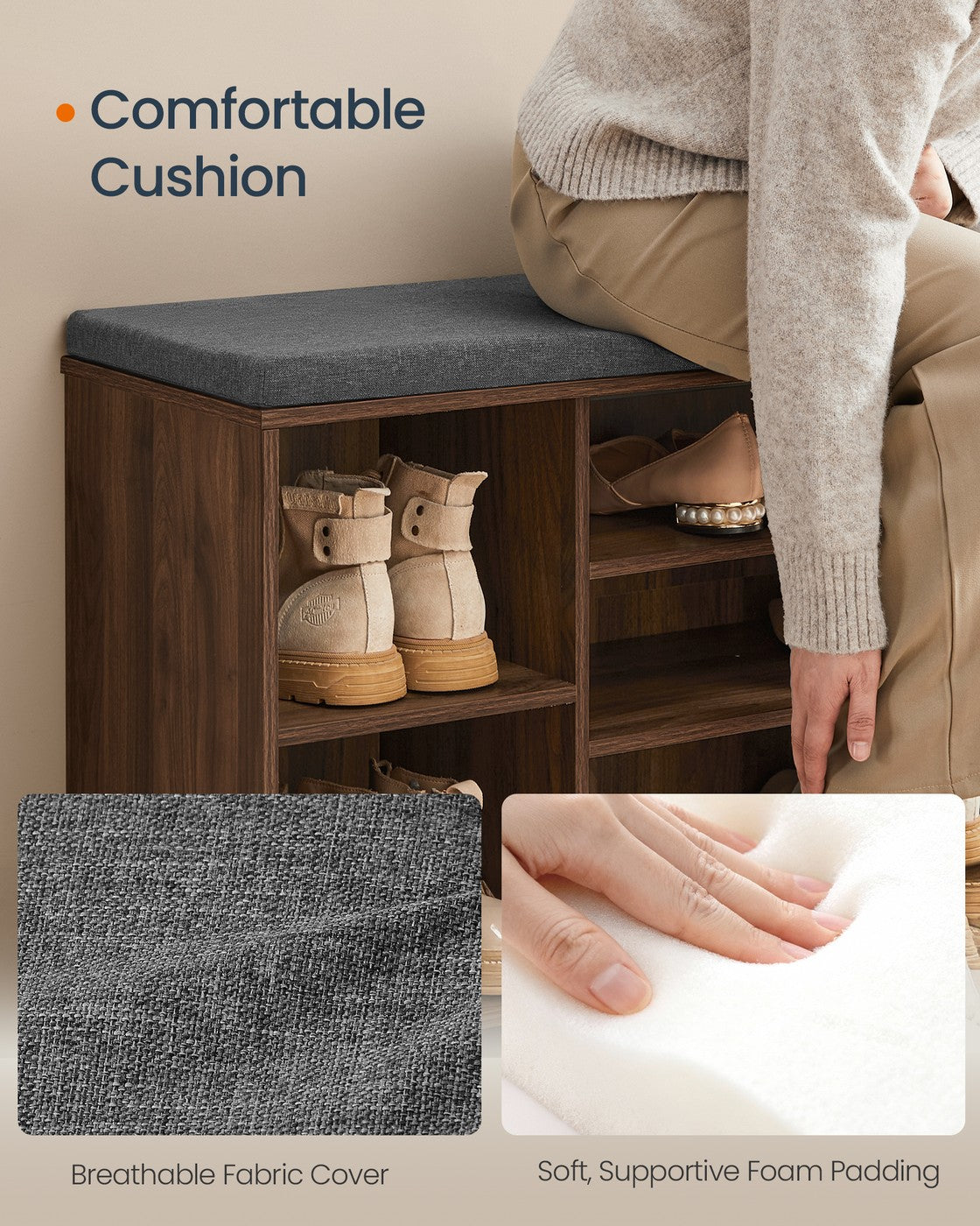 SONGMICS HOME Storage Bench, Superfast Toolless Assembly – Natural Walnut, Slate Gray