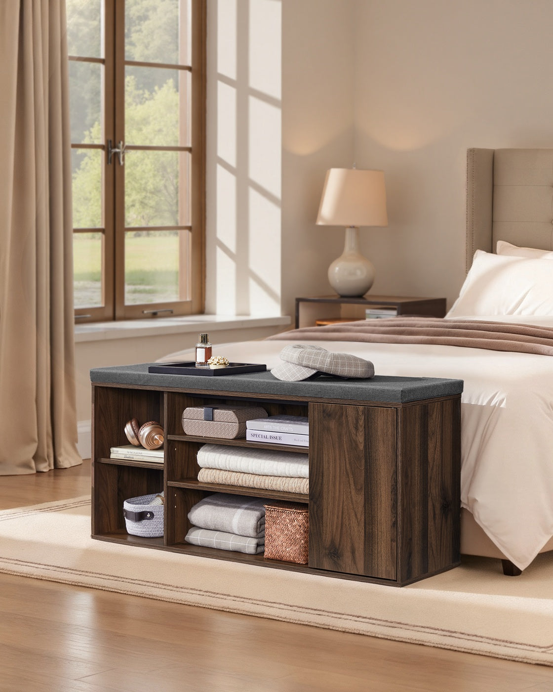SONGMICS HOME Storage Bench, Superfast Toolless Assembly – Natural Walnut, Slate Gray