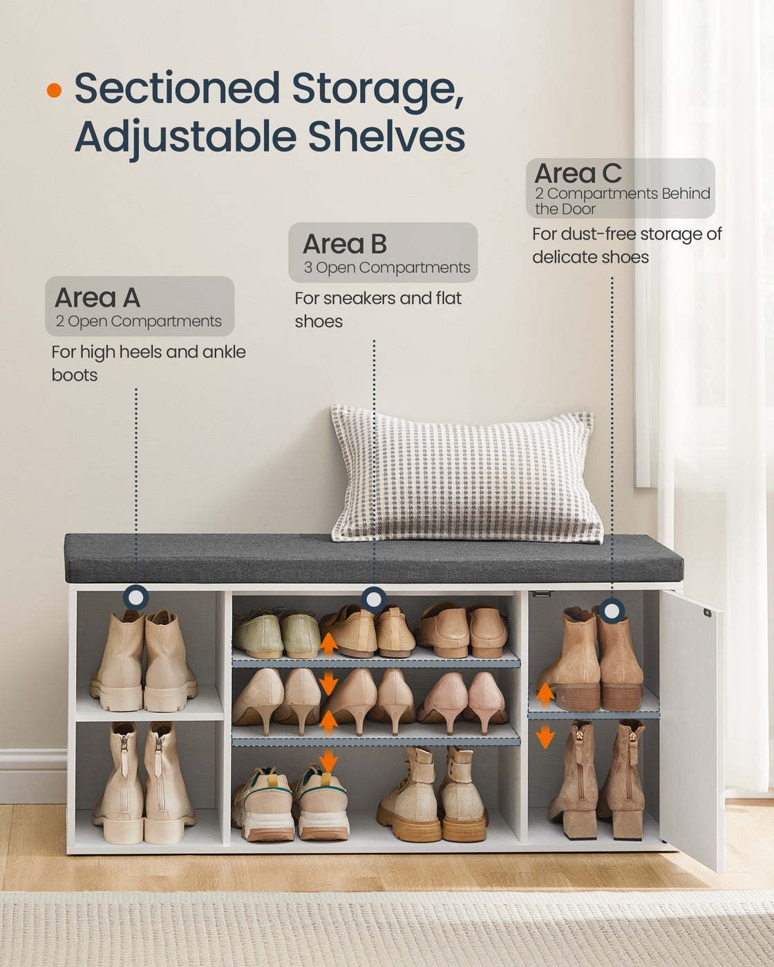 SONGMICS HOME Storage Bench, Shoe Rack, White and Gray – Snow White, Slate Gray