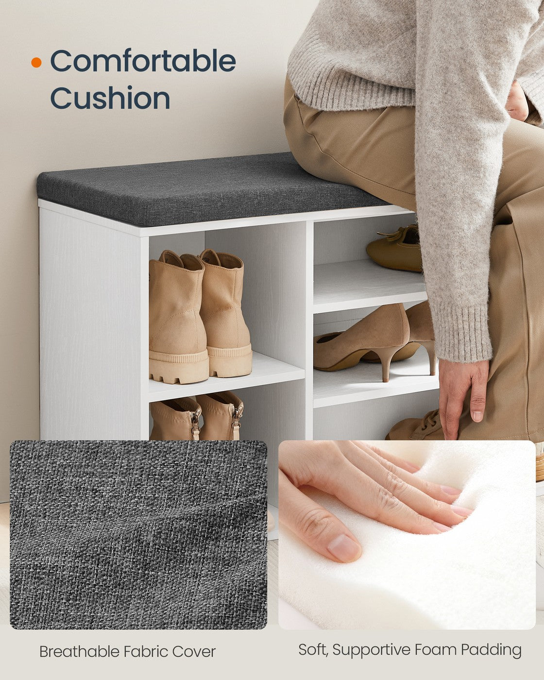 SONGMICS HOME Storage Bench, Shoe Rack, White and Gray – Snow White, Slate Gray