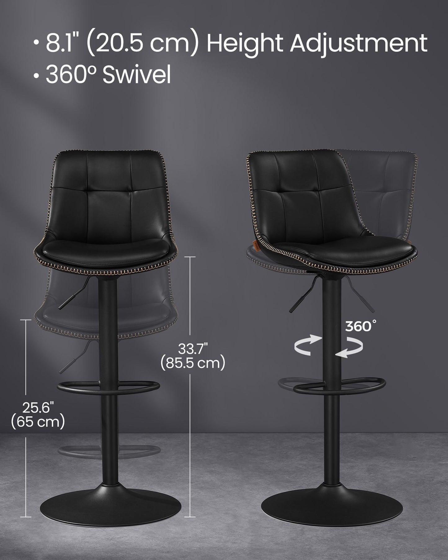 VASAGLE Bar Stools, Set of 4 Swivel Bar Chairs, Adjustable Height, Ink Black