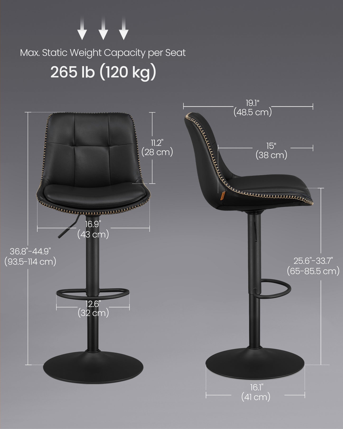 VASAGLE Bar Stools, Set of 4 Swivel Bar Chairs, Adjustable Height, Ink Black