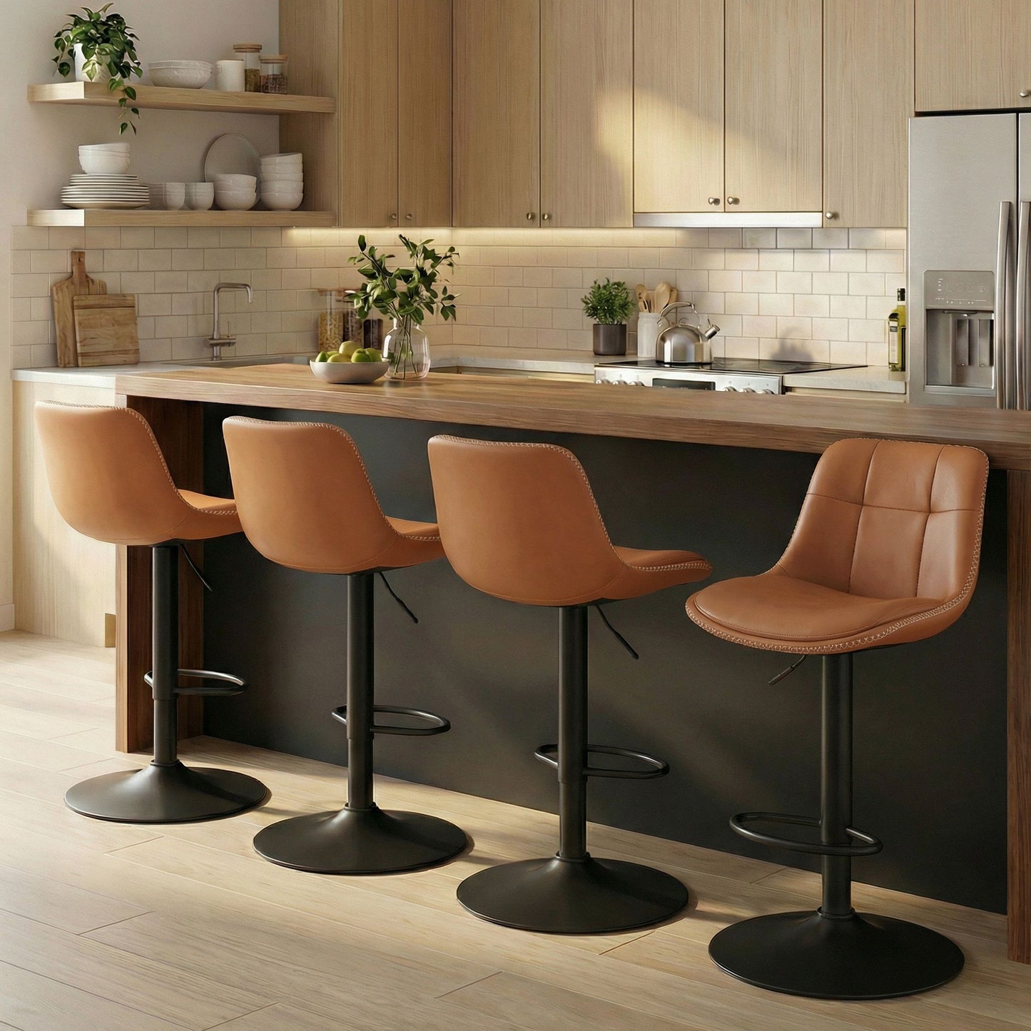 VASAGLE Bar Stools, Set of 4 Swivel Bar Chairs, Adjustable Height, Caramel Brown