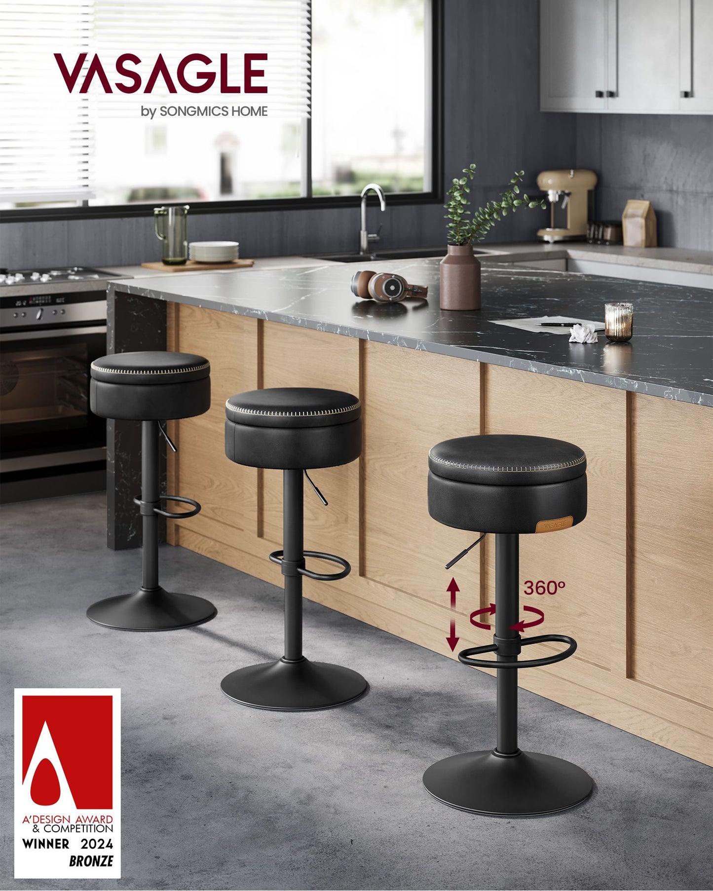 VASAGLE Ekho 360° Swivel Bar Stools Set of 2 – Caramel Brown | ULJB299K01