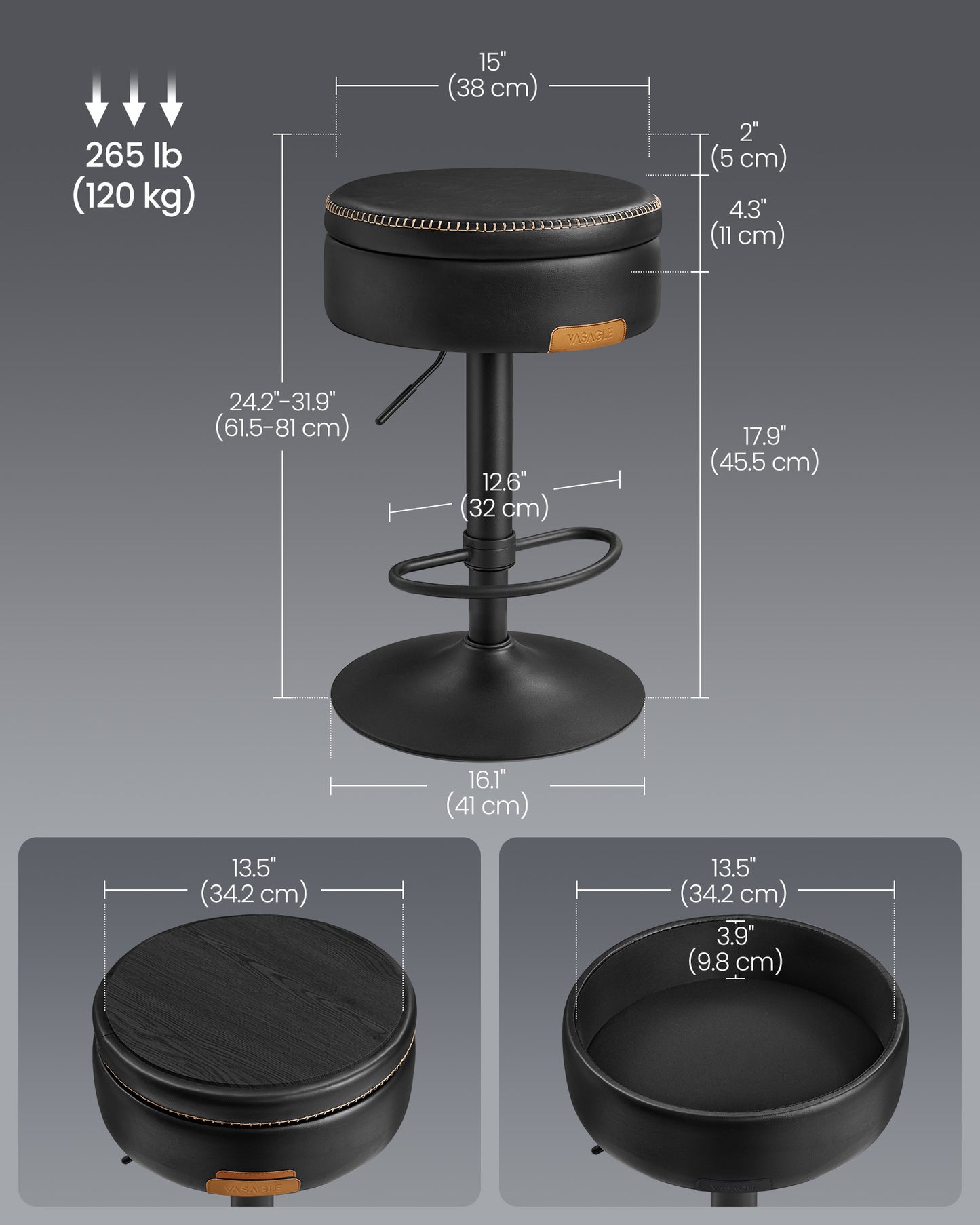 VASAGLE Ekho 360° Swivel Bar Stools Set of 2 – Caramel Brown | ULJB299B01