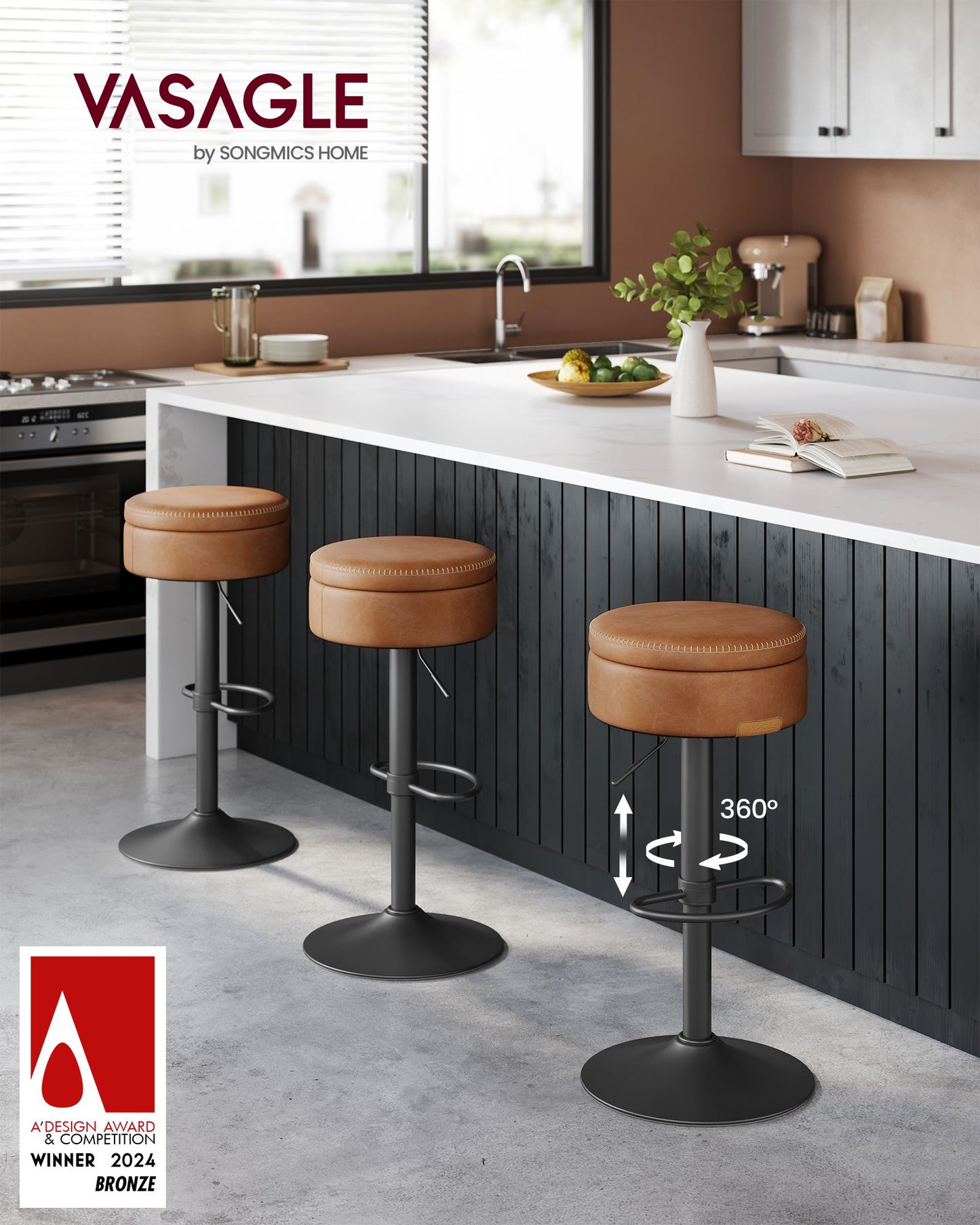 VASAGLE Ekho 360° Swivel Bar Stools Set of 3 – Caramel Brown