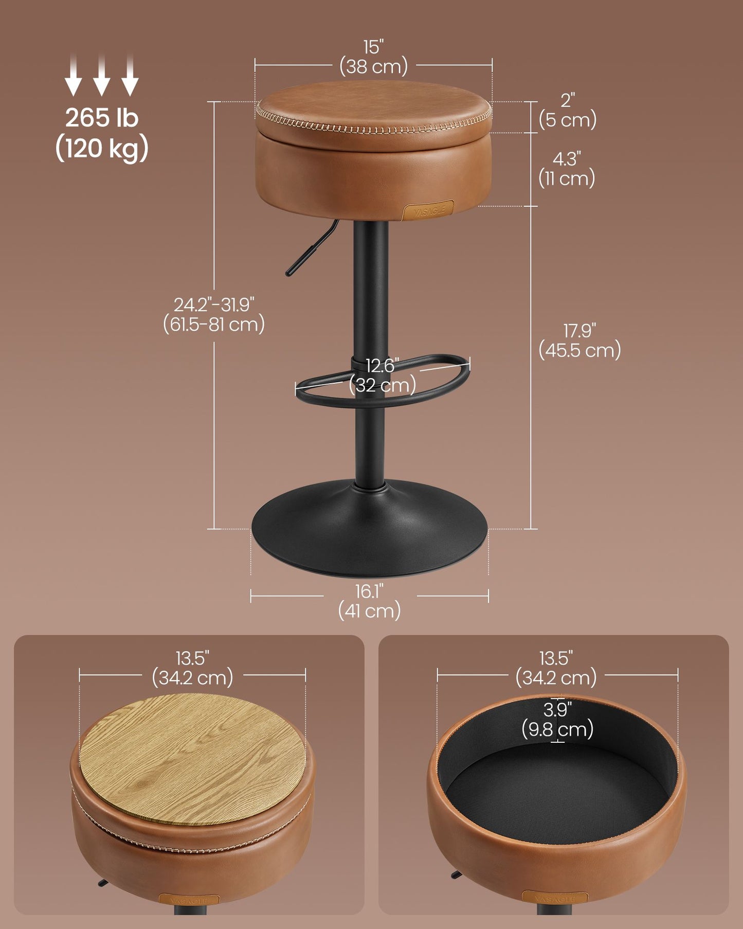 VASAGLE Ekho 360° Swivel Bar Stools Set of 3 – Caramel Brown