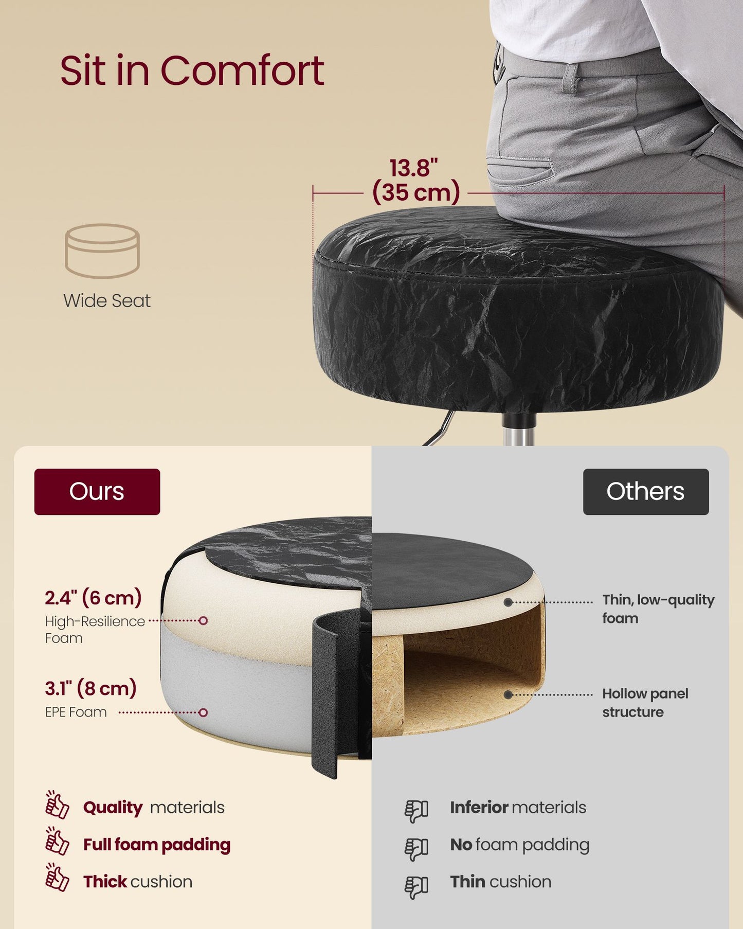 VASAGLE Vanity Stools Set of 2, Makeup Vanity Chairs, Modern, Ink Black