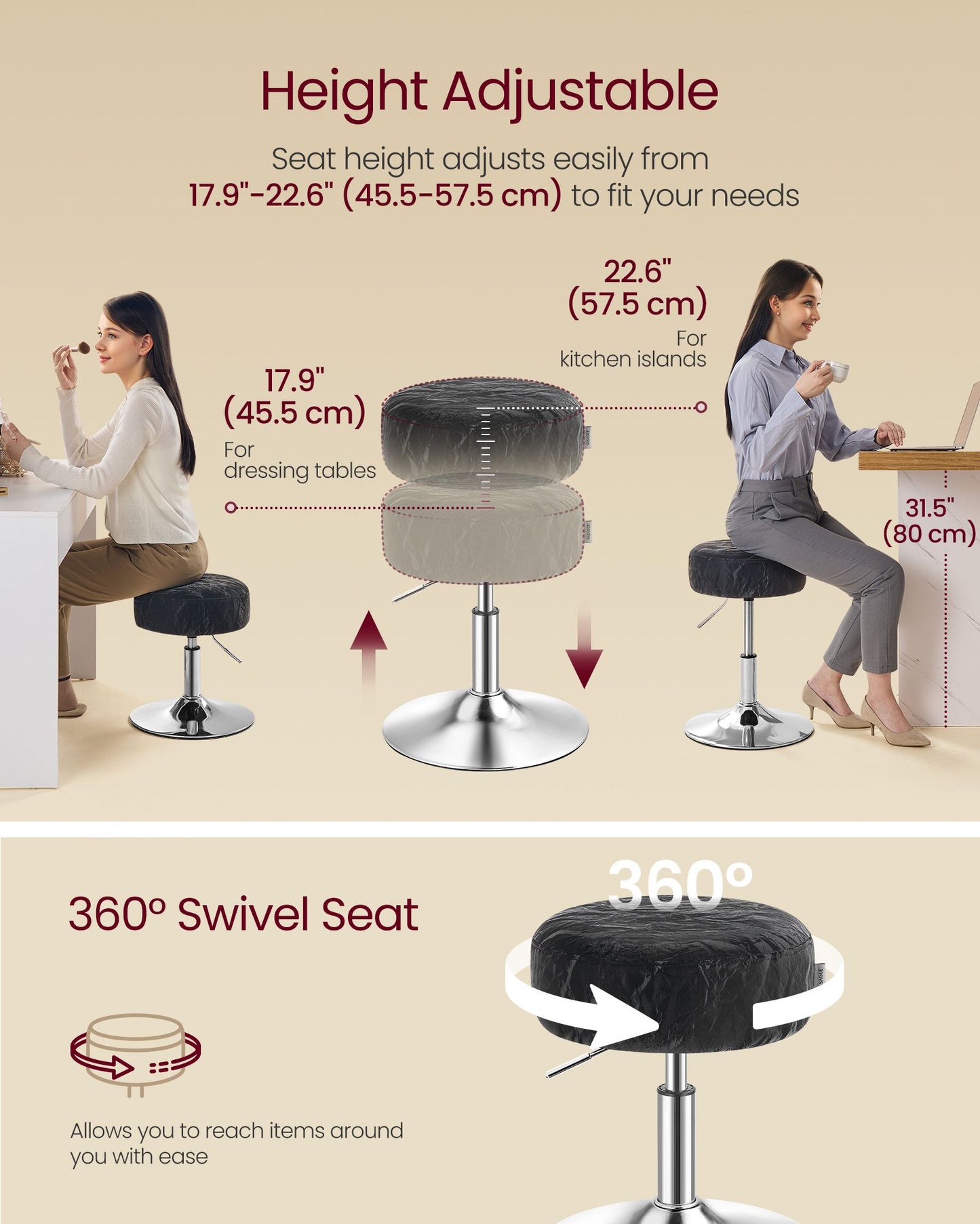 VASAGLE Vanity Stools Set of 2, Makeup Vanity Chairs, Modern, Ink Black
