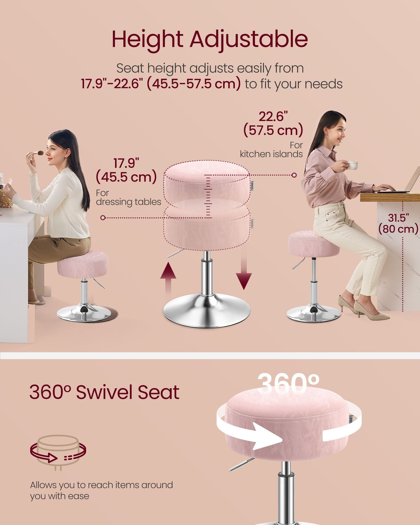 VASAGLE Vanity Stools Set of 2, Makeup Vanity Chairs, Modern, Jelly Pink