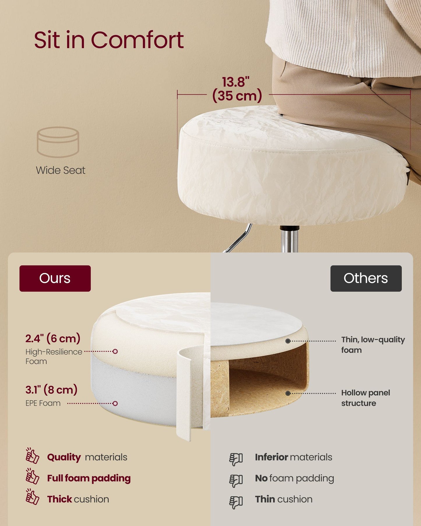 VASAGLE Vanity Stools Set of 2, Makeup Vanity Chairs, Modern, Cream White
