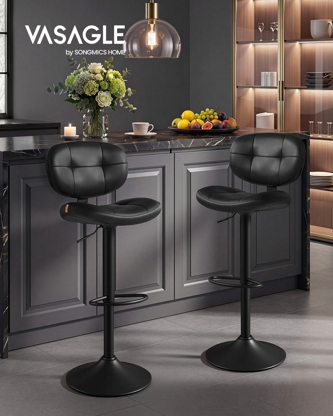 VASAGLE PU Leather Swivel Bar Stools with Back and Footrest – Ink Black