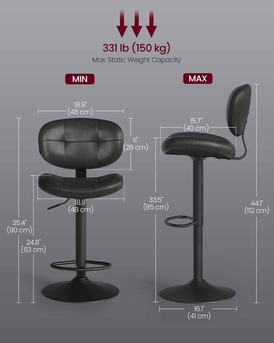 VASAGLE PU Leather Swivel Bar Stools with Back and Footrest – Ink Black