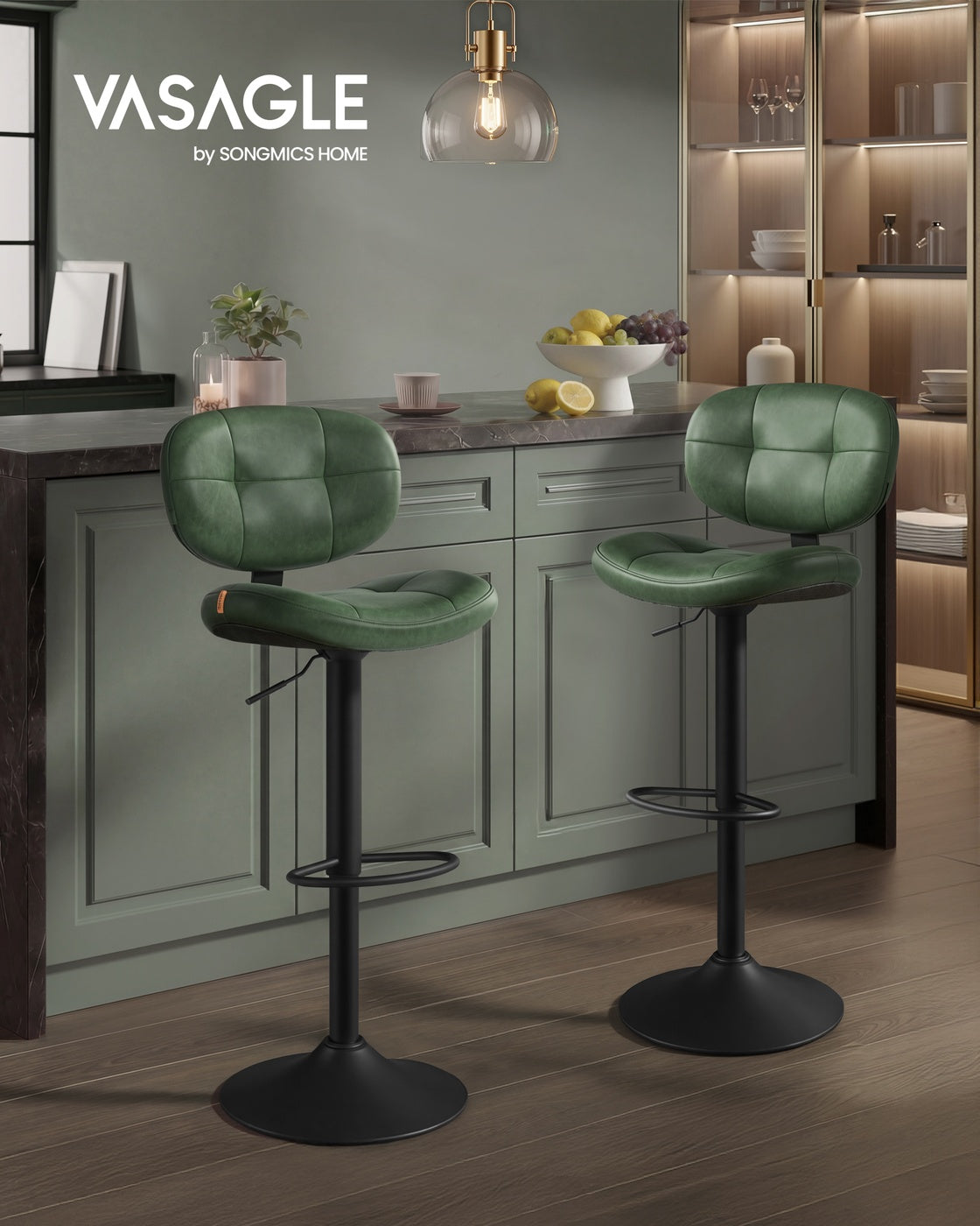 VASAGLE Bar Stools, Height Adjustable Kitchen Barstools, Set of 2, Forest Green