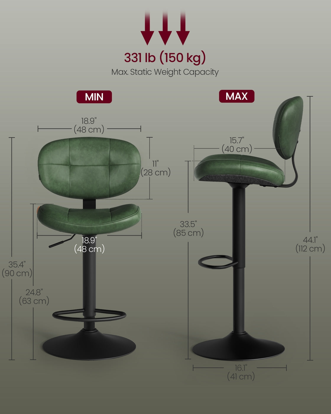 VASAGLE Bar Stools, Height Adjustable Kitchen Barstools, Set of 2, Forest Green