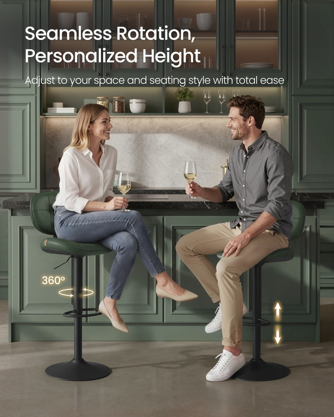 VASAGLE Bar Stools, Height Adjustable Kitchen Barstools, Set of 2, Forest Green