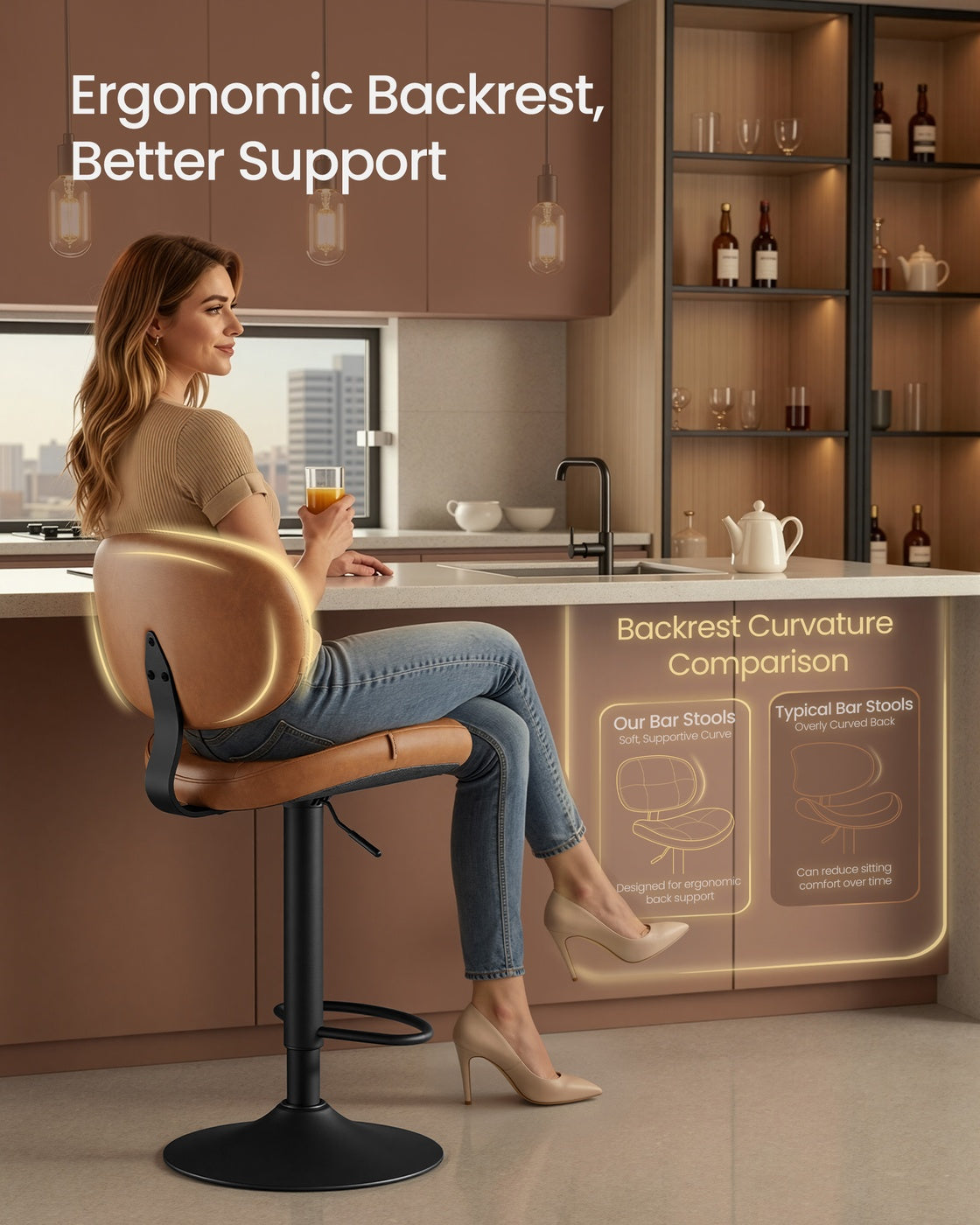 VASAGLE PU Leather Swivel Bar Stools with Back and Footrest – Caramel Brown