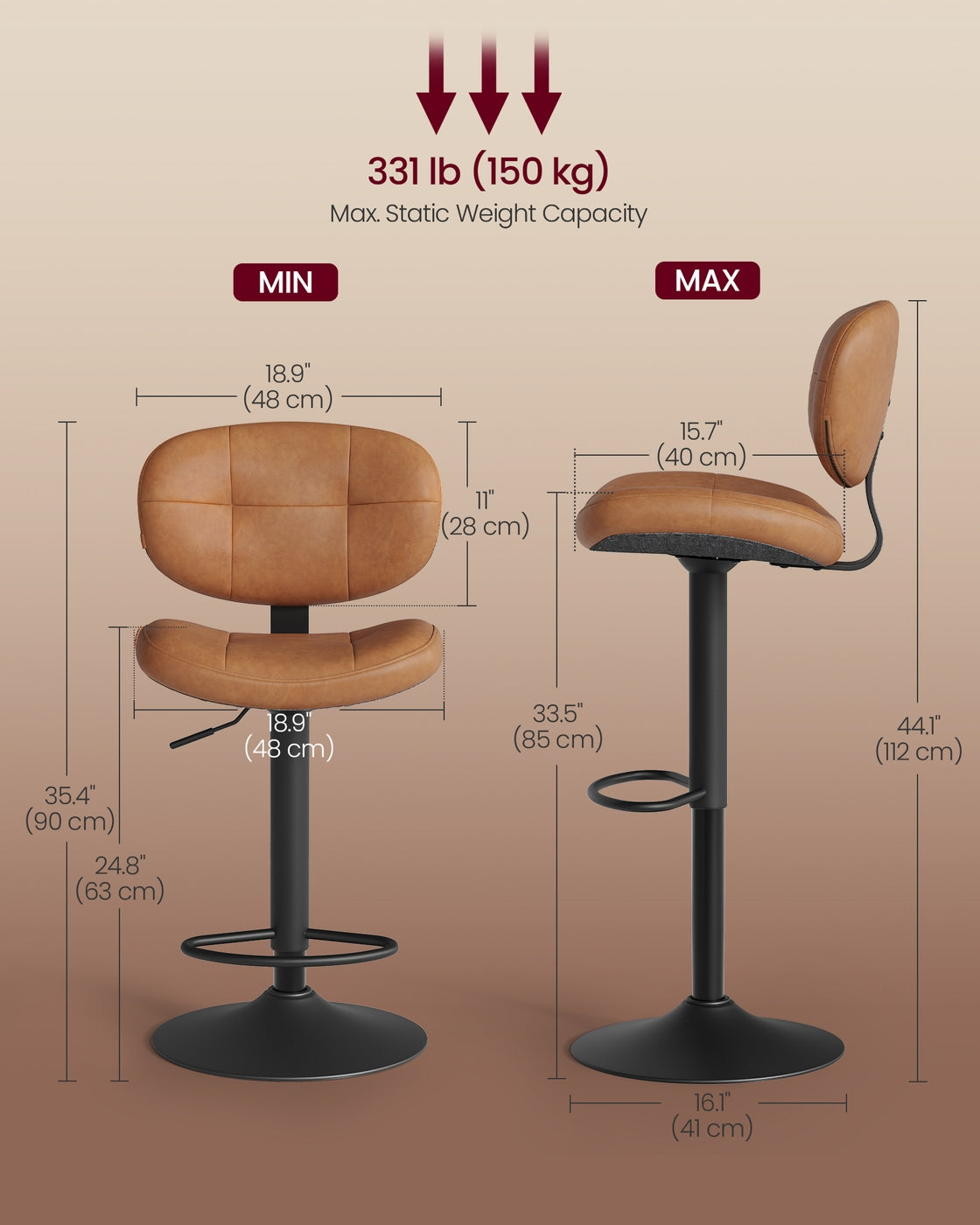 VASAGLE PU Leather Swivel Bar Stools with Back and Footrest – Caramel Brown