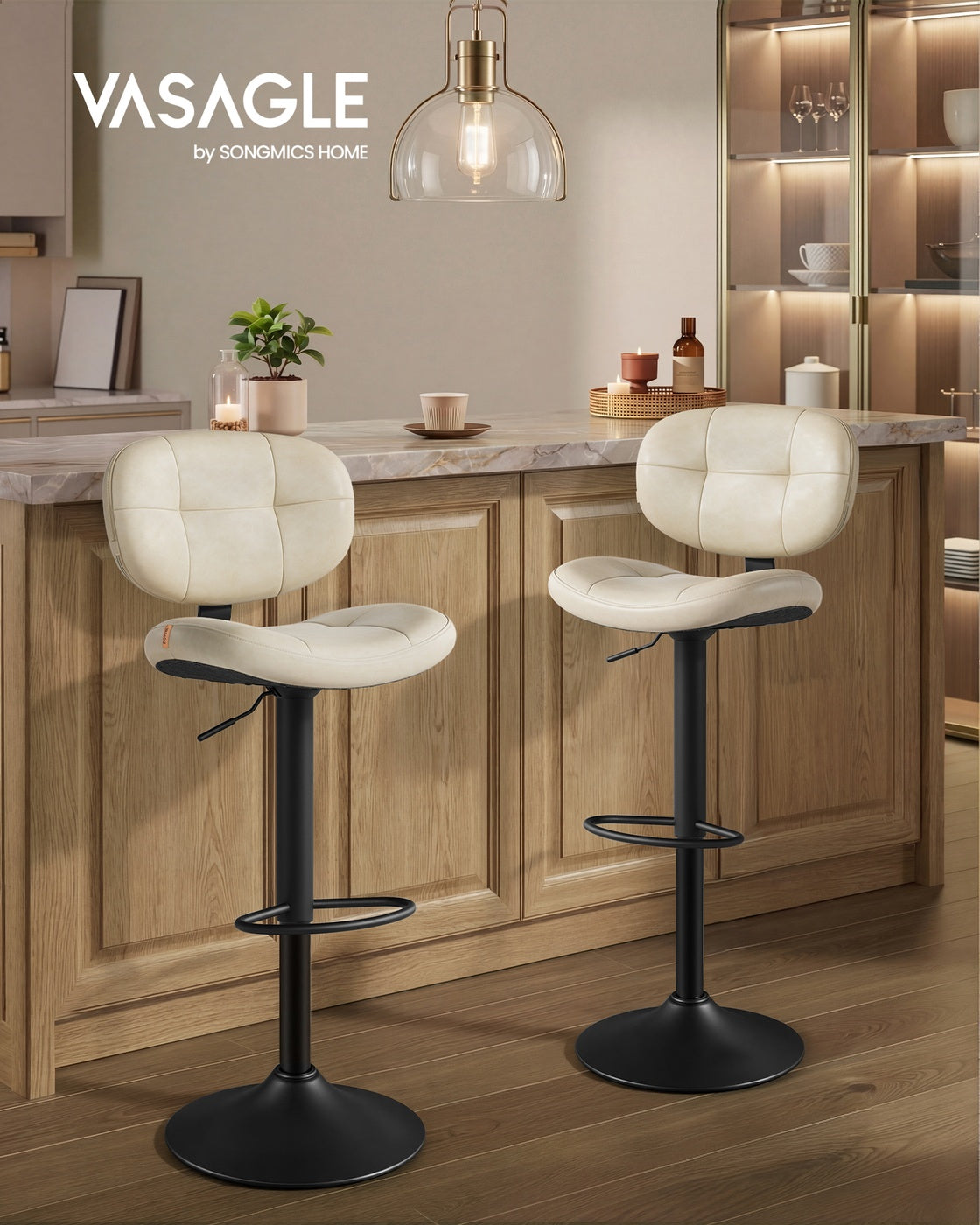 VASAGLE PU Leather Swivel Bar Stools with Back and Footrest – Cream White