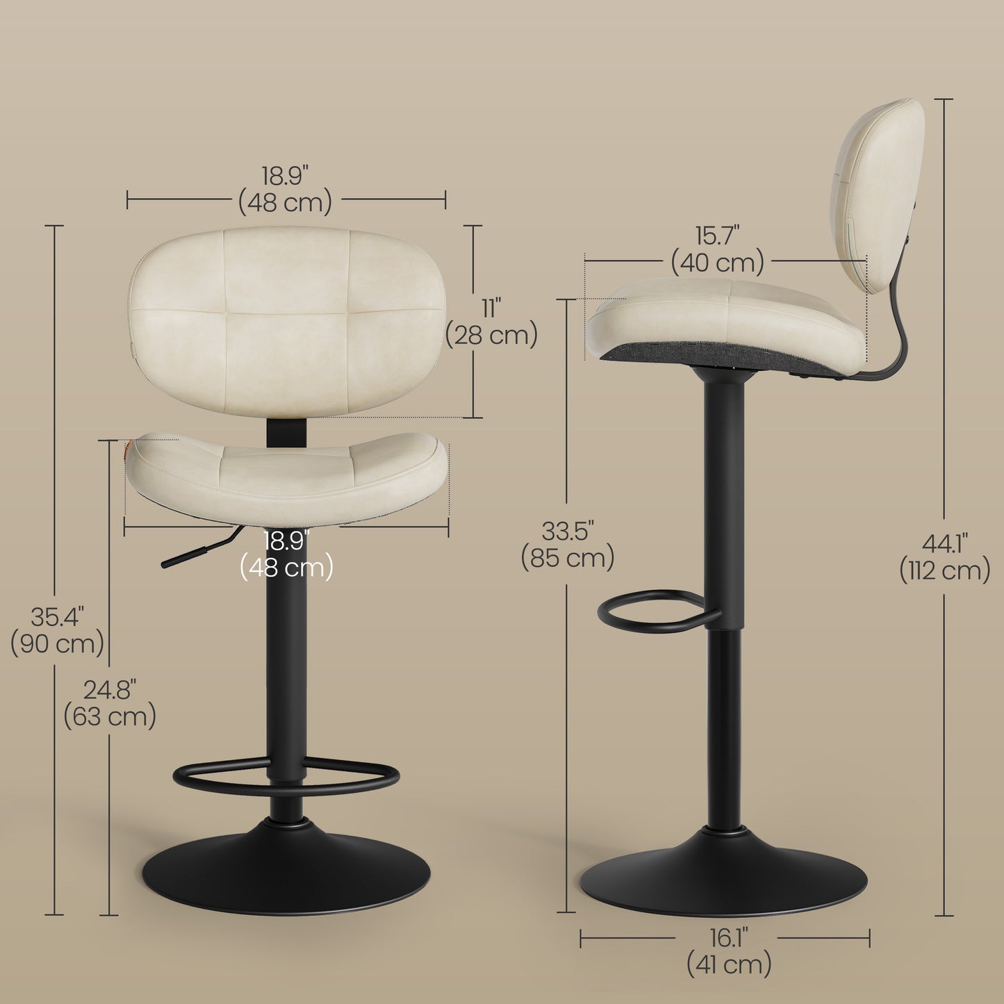 VASAGLE Bar Stools, Height Adjustable Kitchen Barstools, Set of 4, Cream White