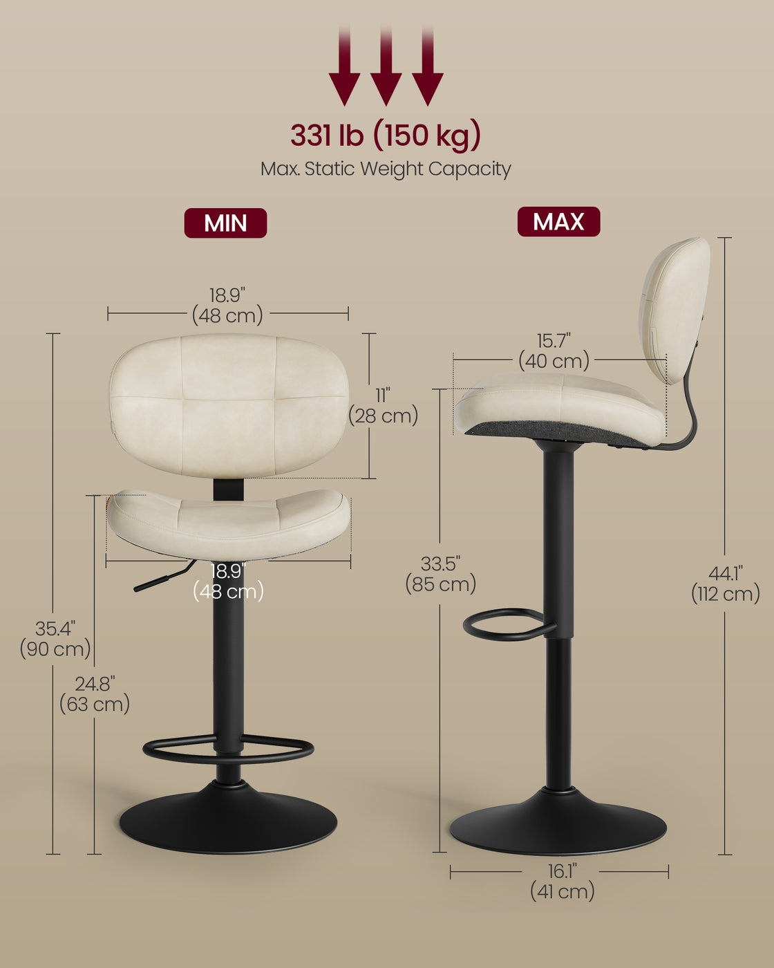 VASAGLE PU Leather Swivel Bar Stools with Back and Footrest – Cream White
