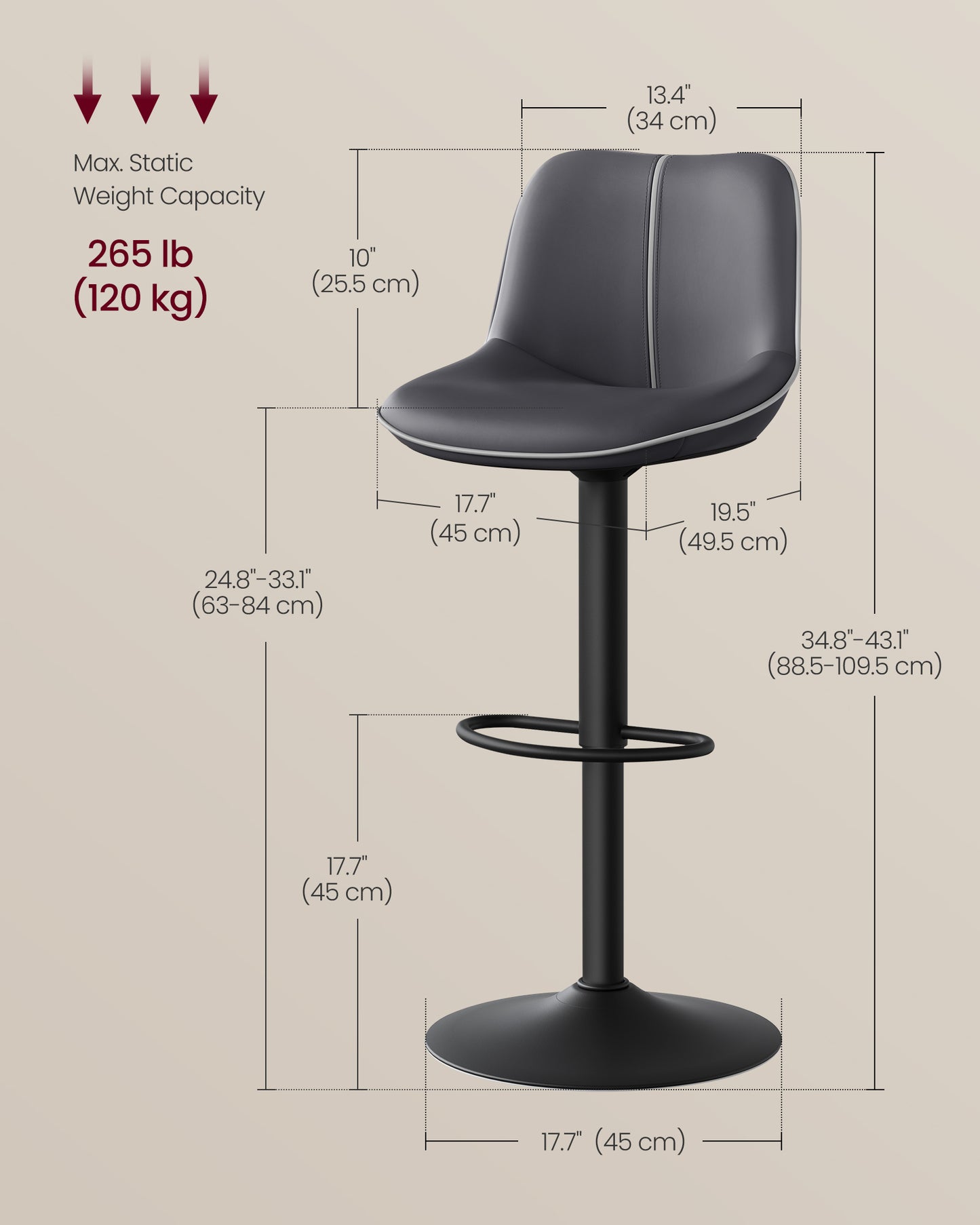 VASAGLE Bar Stools Set of 2, Adjustable Height Swivel Barstools, Ink Black