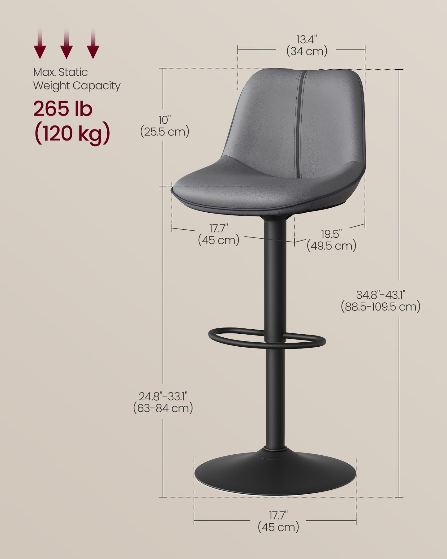 VASAGLE Bar Stools Set of 4, Adjustable Height Swivel Barstools, Slate Gray