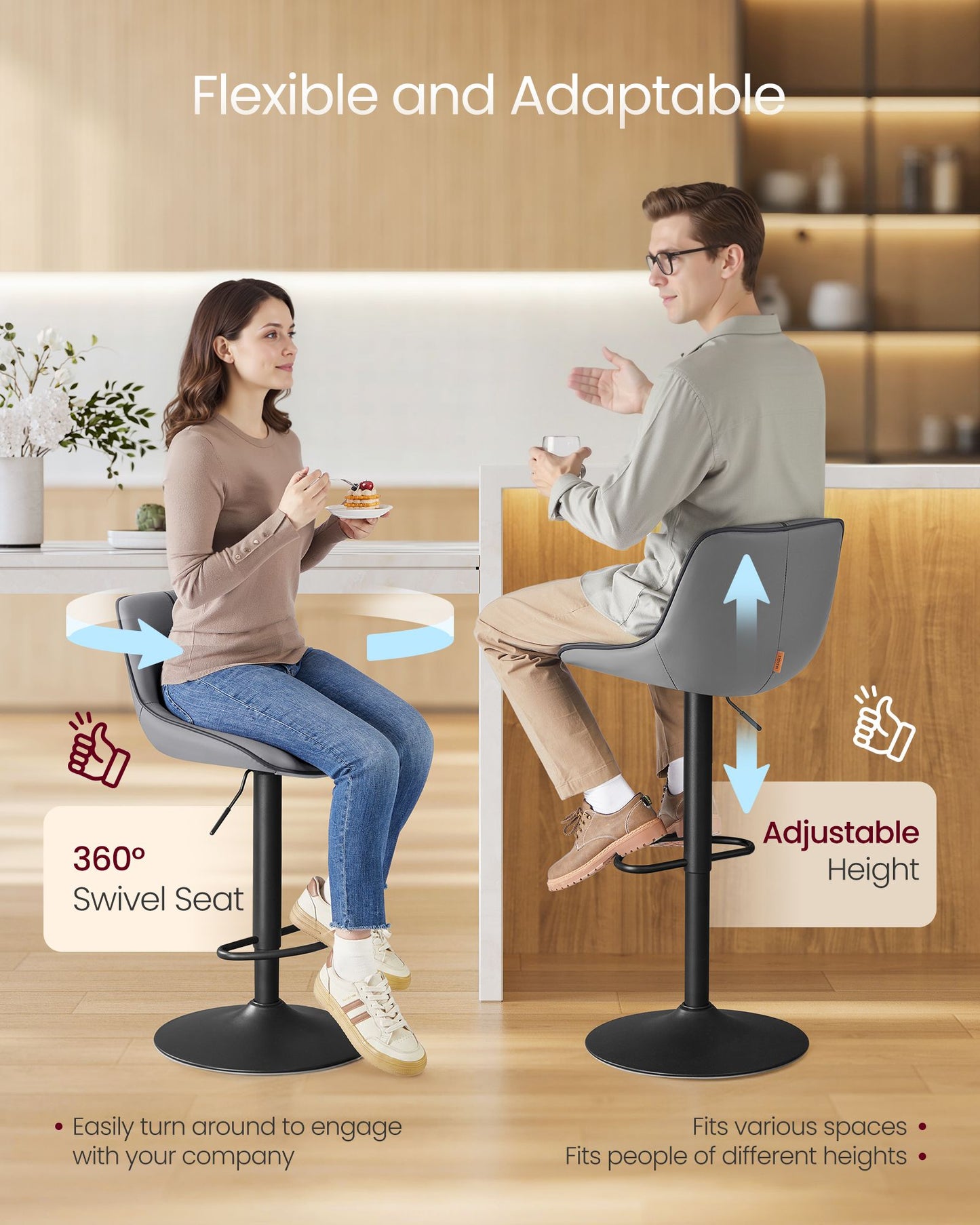 VASAGLE Bar Stools Set of 2, Adjustable Height Swivel Barstools, Slate Gray