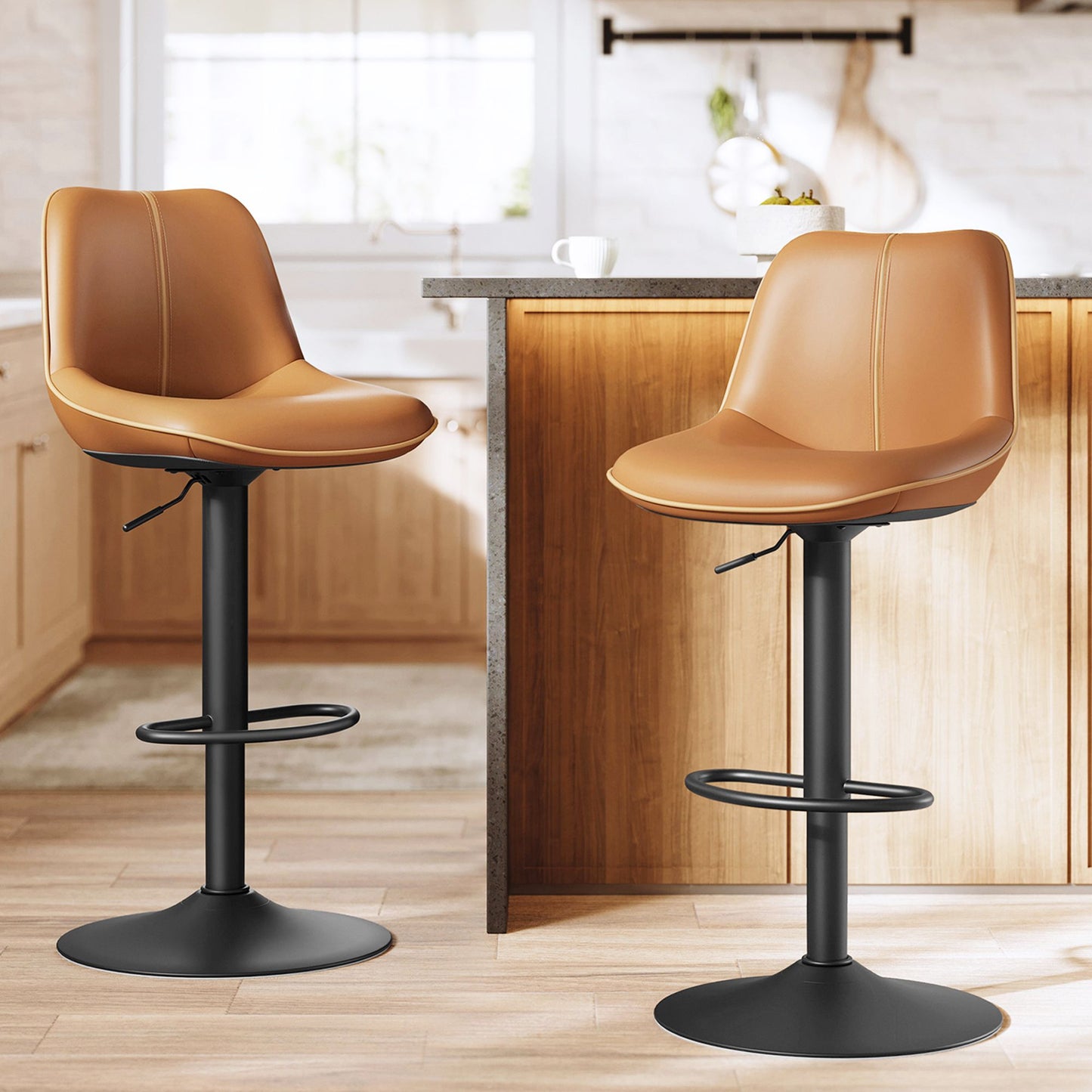 VASAGLE Bar Stools Set of 2, Adjustable Height Swivel Barstools, Caramel Brown