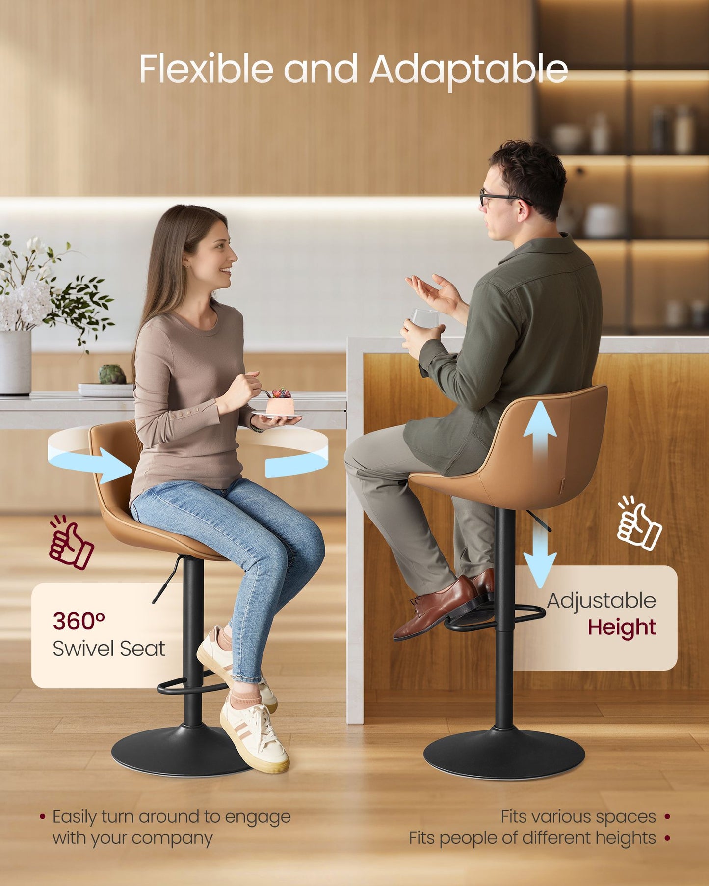 VASAGLE Bar Stools Set of 4, Adjustable Height Swivel Barstools, Caramel Brown