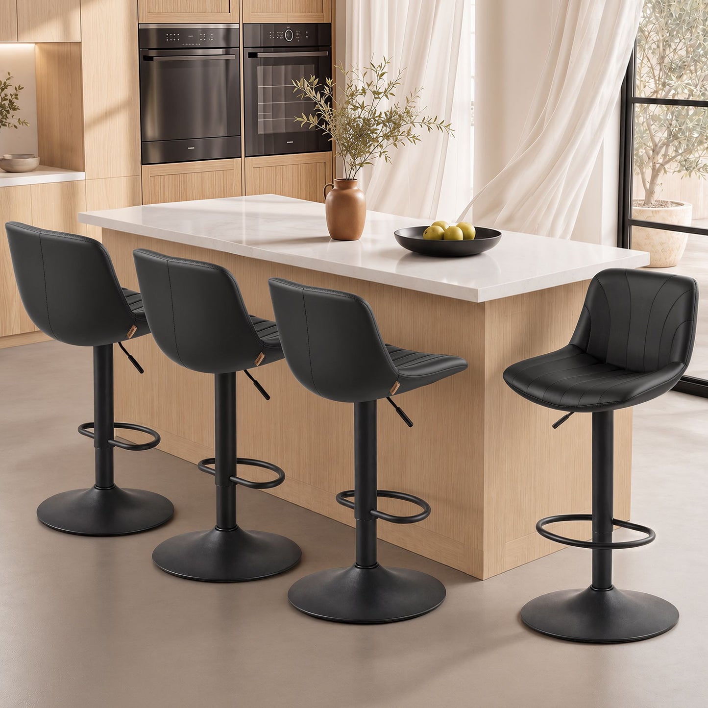 VASAGLE Bar Stools Set of 4, Adjustable Bar Chairs with Backs, 360° Swivel Metal Footrest – Ink Black