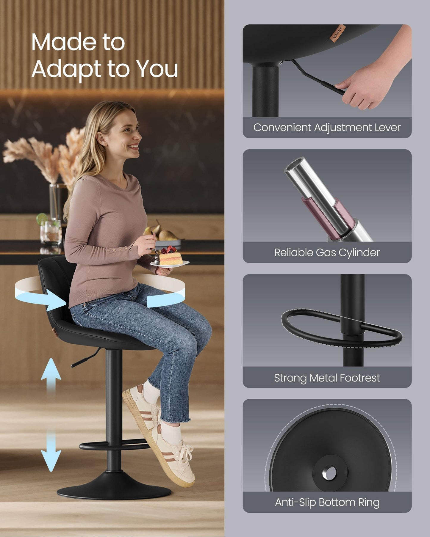 VASAGLE Bar Stools Set of 4, Adjustable Bar Chairs with Backs, 360° Swivel Metal Footrest – Ink Black