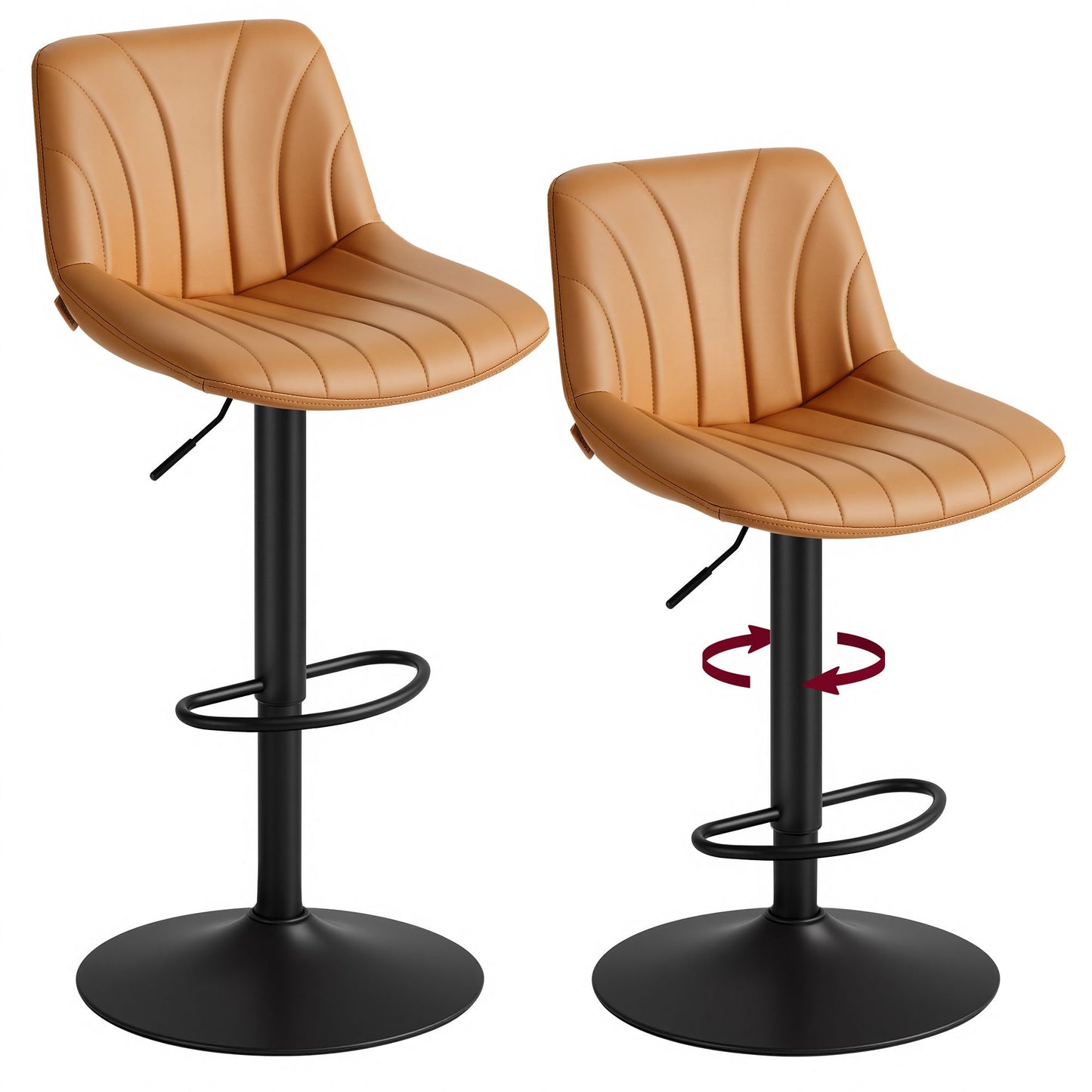 VASAGLE Bar Stools Set of 2, Adjustable Bar Chairs with Backs, 360° Swivel Metal Footrest – Caramel Brown and Ink Black