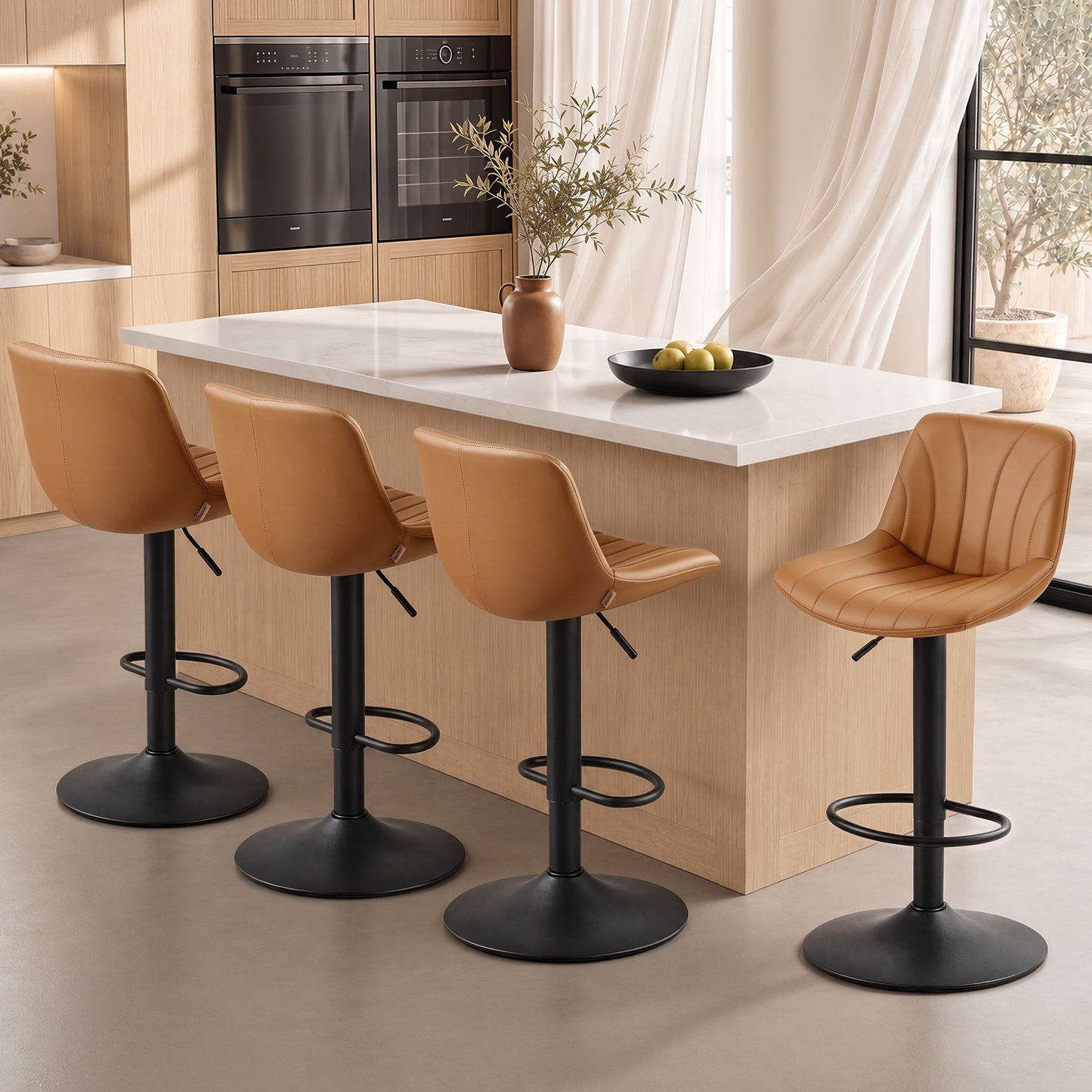 VASAGLE Bar Stools Set of 4, Adjustable Bar Chairs with Backs, 360° Swivel Metal Footrest – Caramel Brown and Ink Black