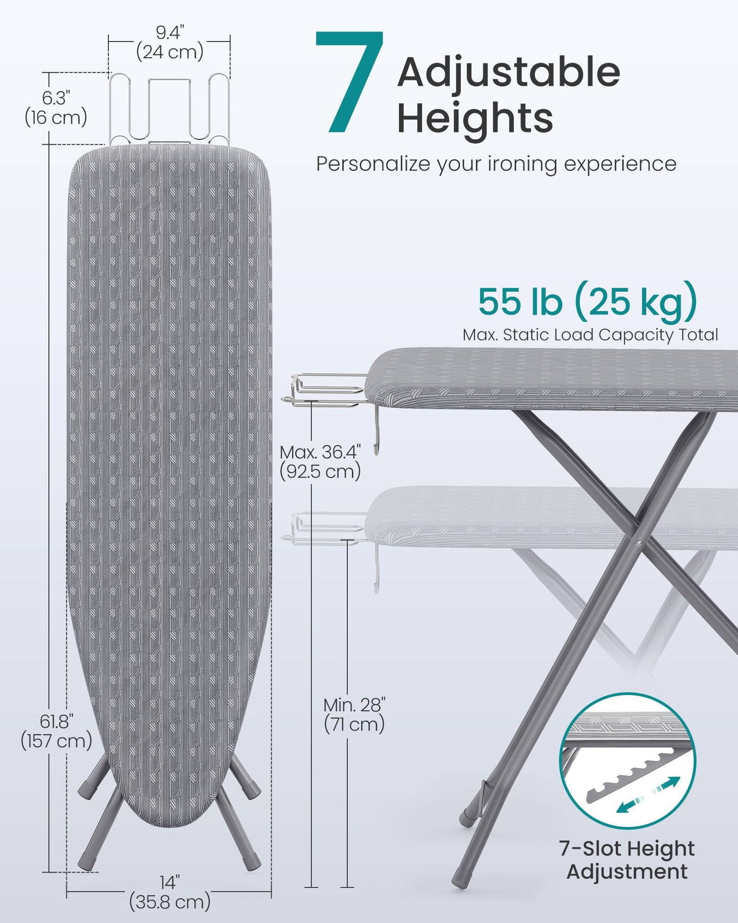 SONGMICS Adjustable Height Folding Ironing Board with Iron Rest – Dove Gray