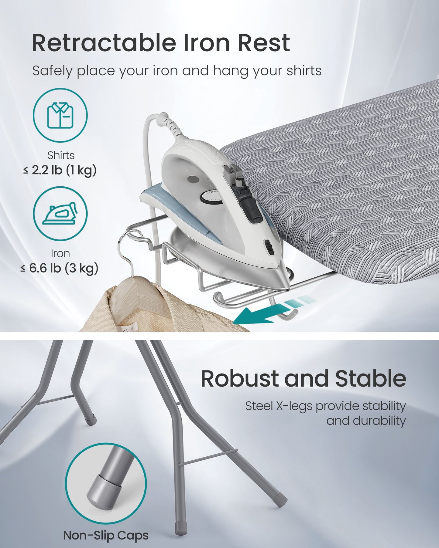 SONGMICS Adjustable Height Folding Ironing Board with Iron Rest – Dove Gray