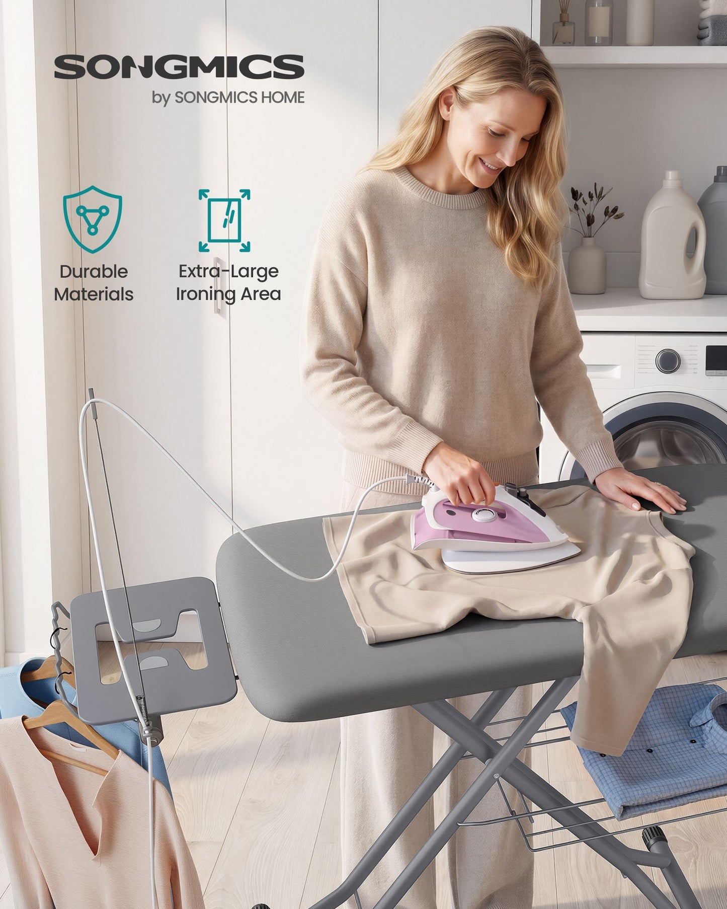 SONGMICS Ironing Board with Rest Cord Holder and Folding Rack – Grey