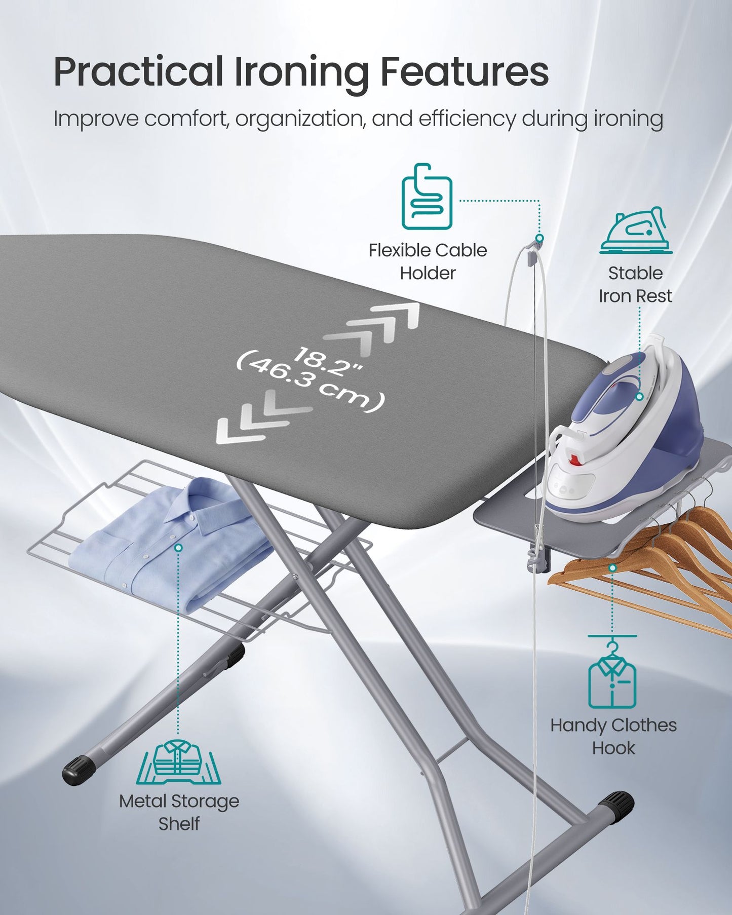 SONGMICS Ironing Board with Rest Cord Holder and Folding Rack – Grey