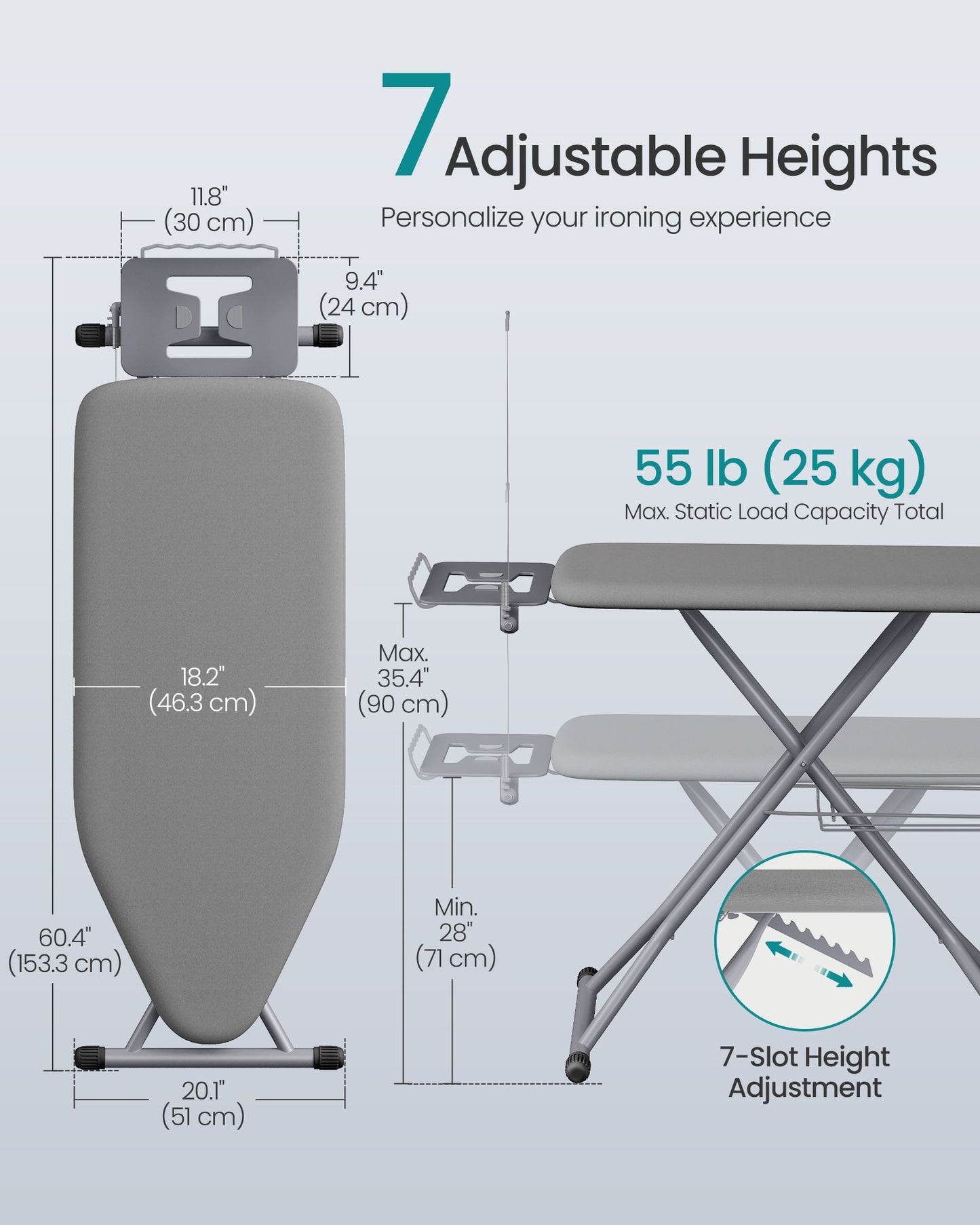SONGMICS Ironing Board with Rest Cord Holder and Folding Rack – Grey