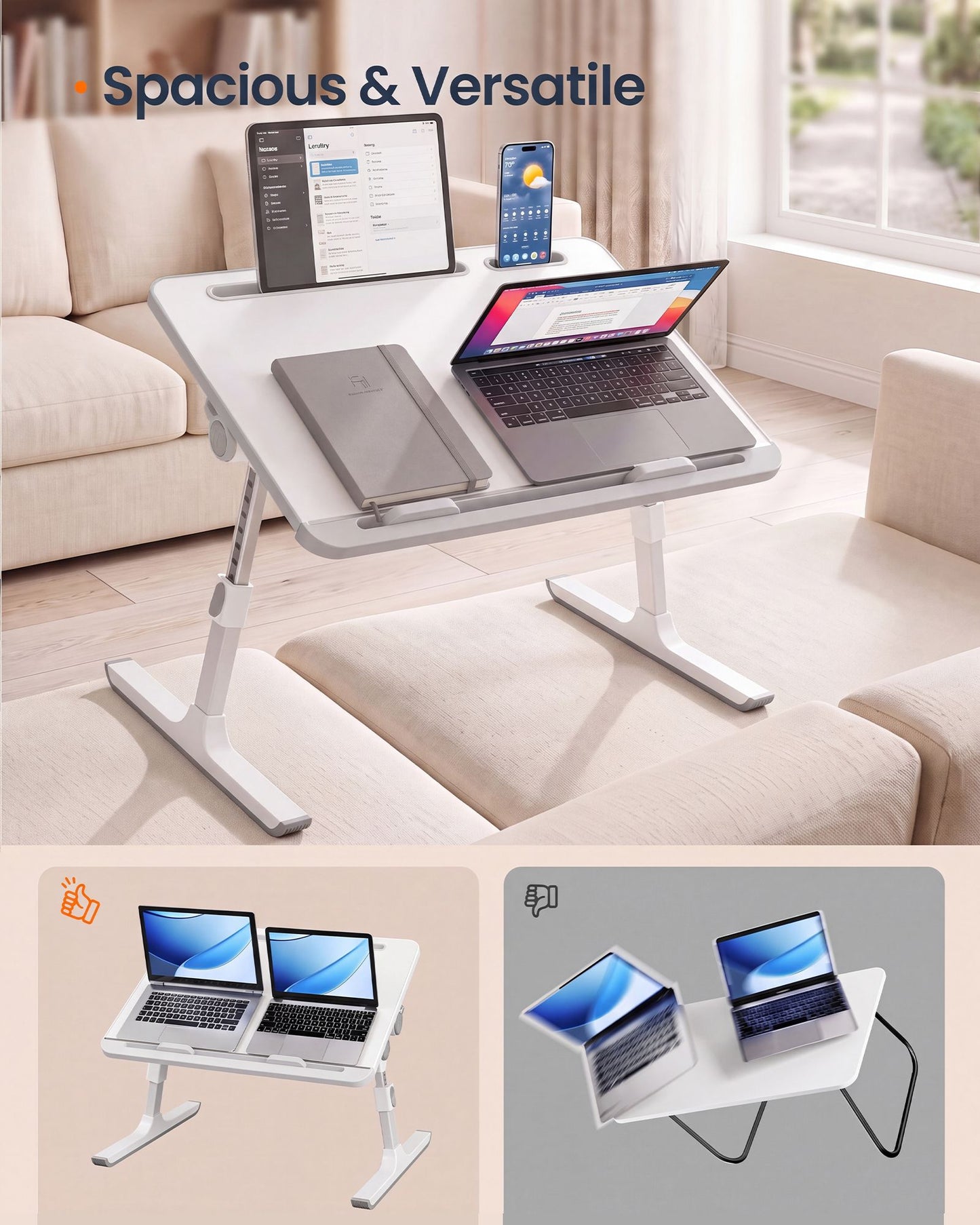 SONGMICS HOME Lap Desk, Height & Angle Adjustable Laptop Stand for Bed | Foldable Bed Tray Table – White