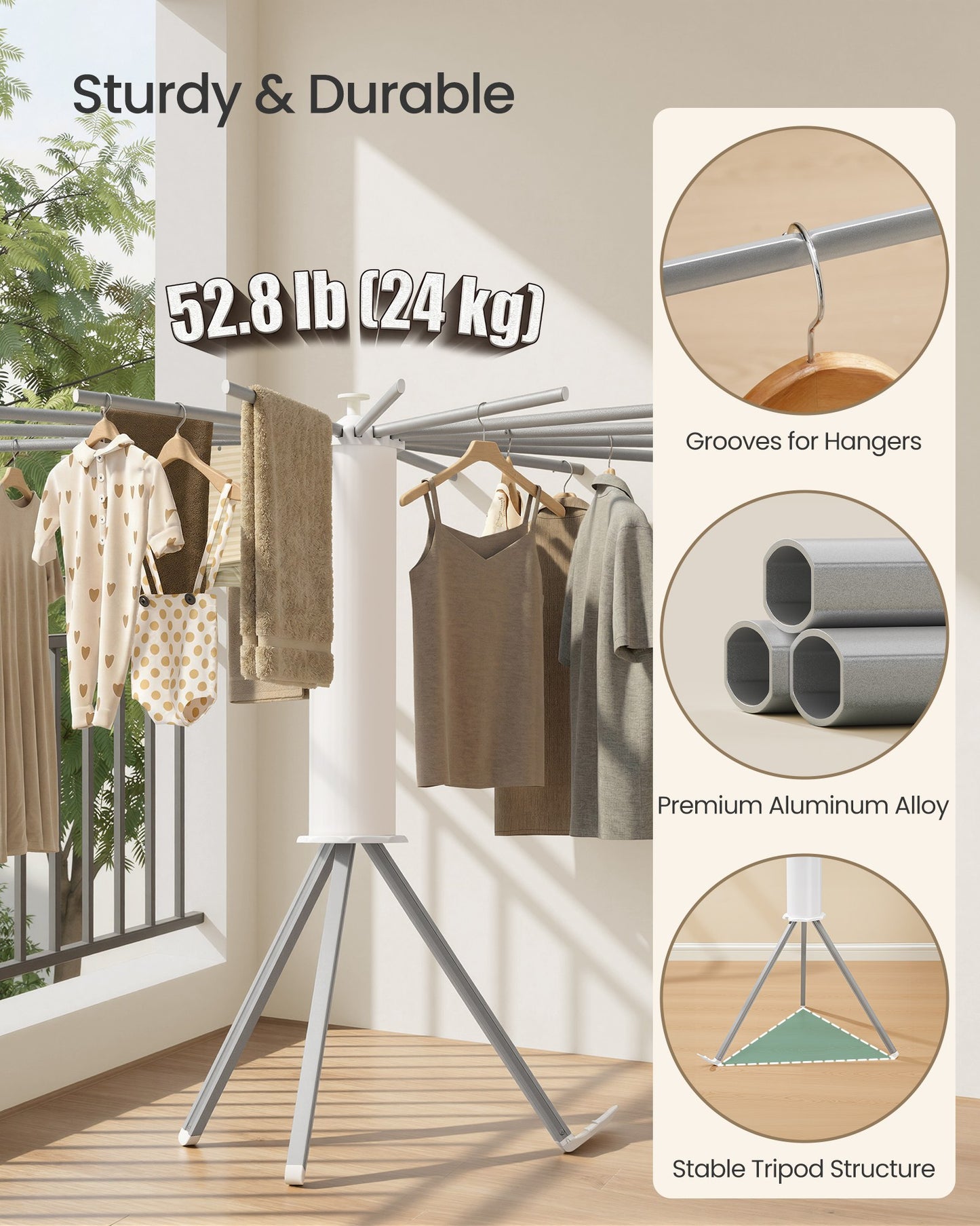 SONGMICS Clothes Drying Rack Foldable Rotary Tripod Laundry Drying Rack – Silver