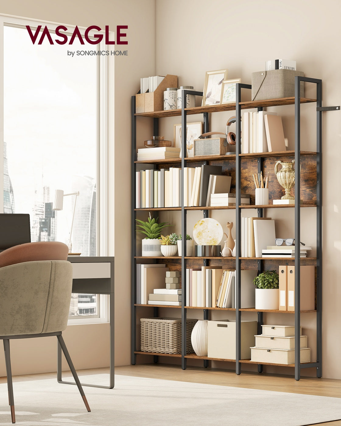 VASAGLE 6-Tier Bookshelf – Rustic Brown, Ink Black