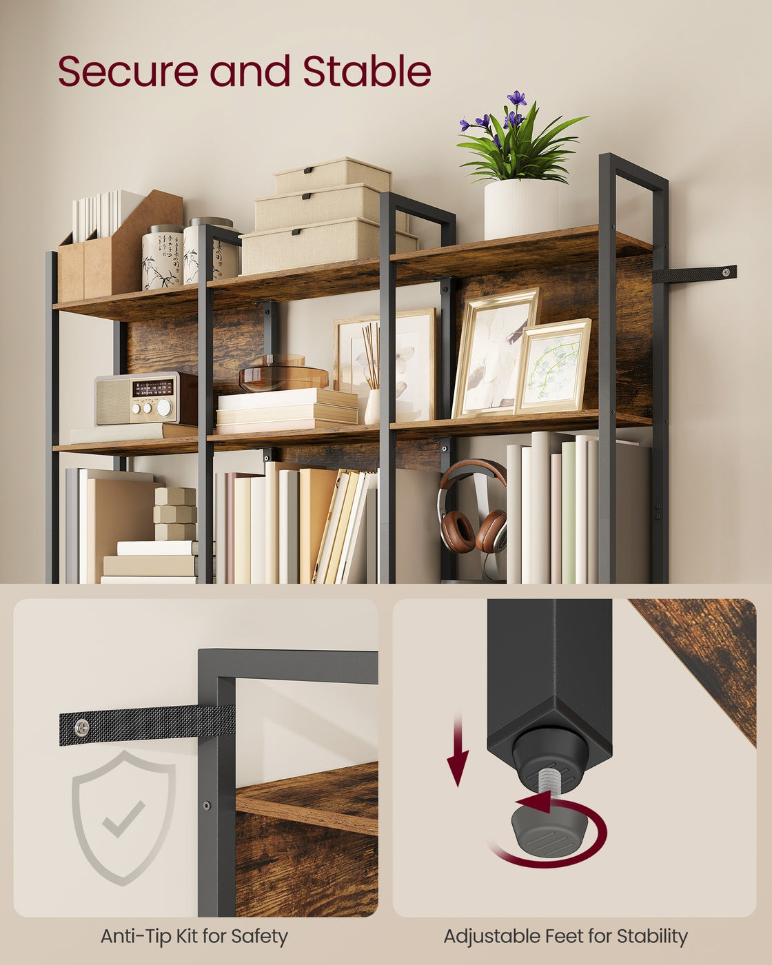 VASAGLE 6-Tier Bookshelf – Rustic Brown, Ink Black