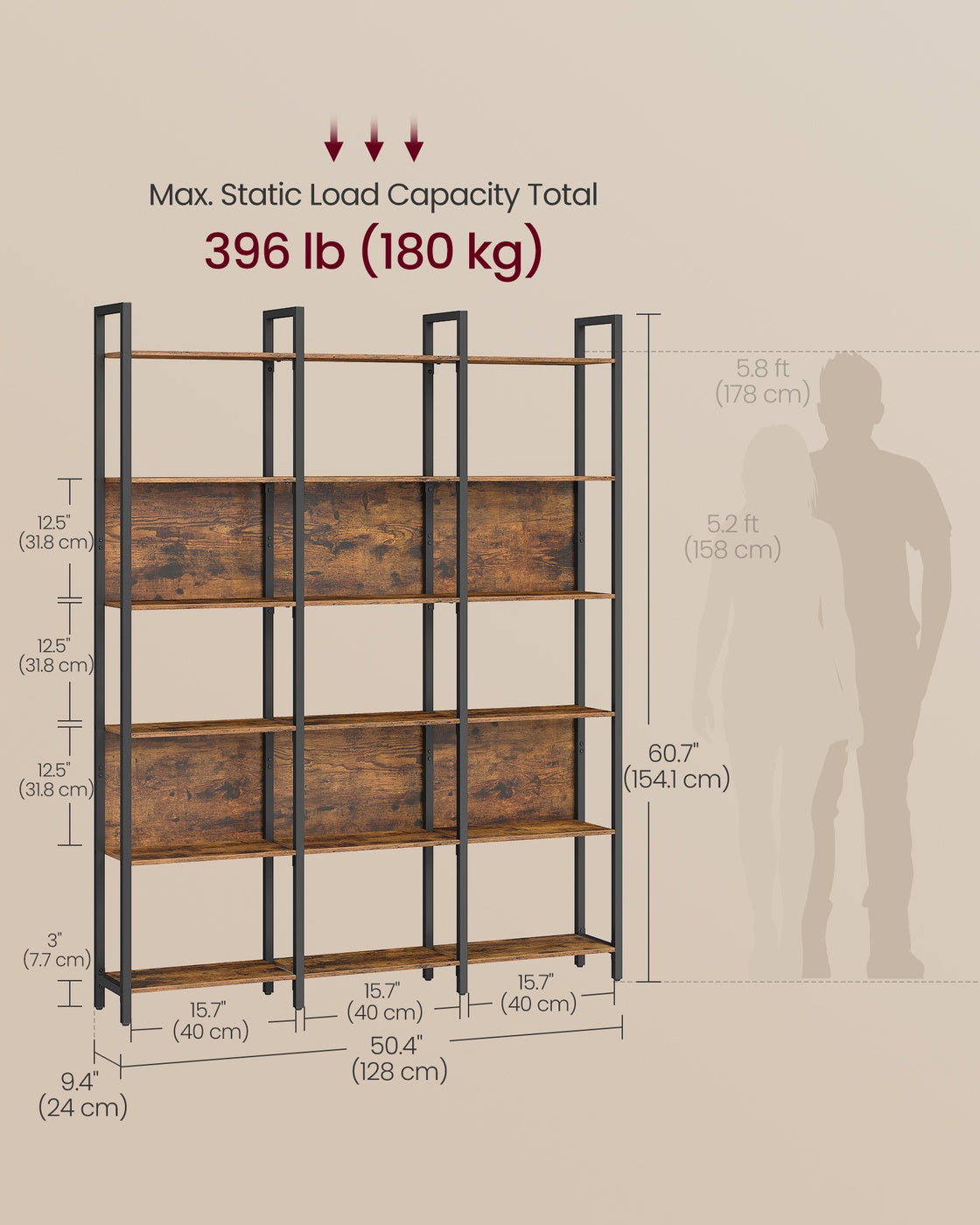 VASAGLE 6-Tier Bookshelf – Rustic Brown, Ink Black