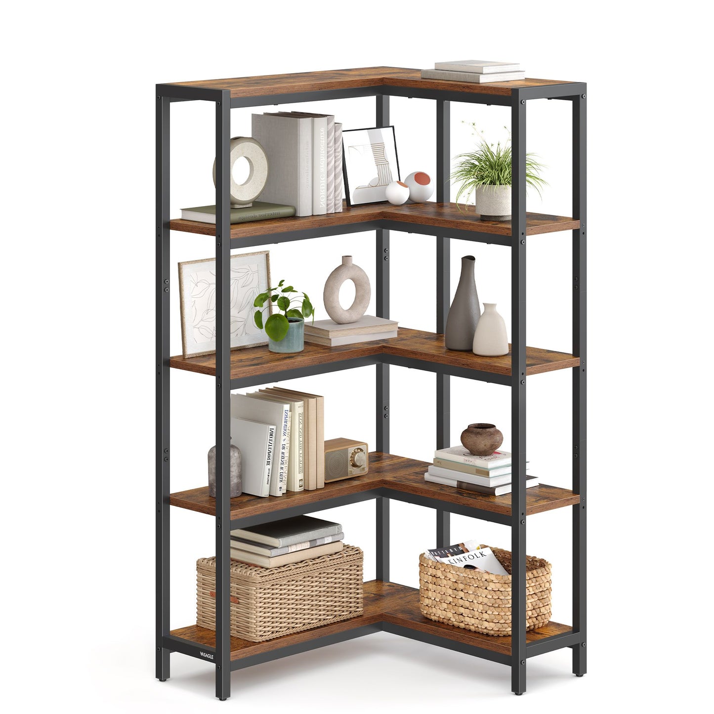 VASAGLE 5 Tier Bookshelf, Convertible Corner Shelf, 40.2 X 9.4 X 55.9 in Modern Basic with Steel – Rustic Brown, Ink Black
