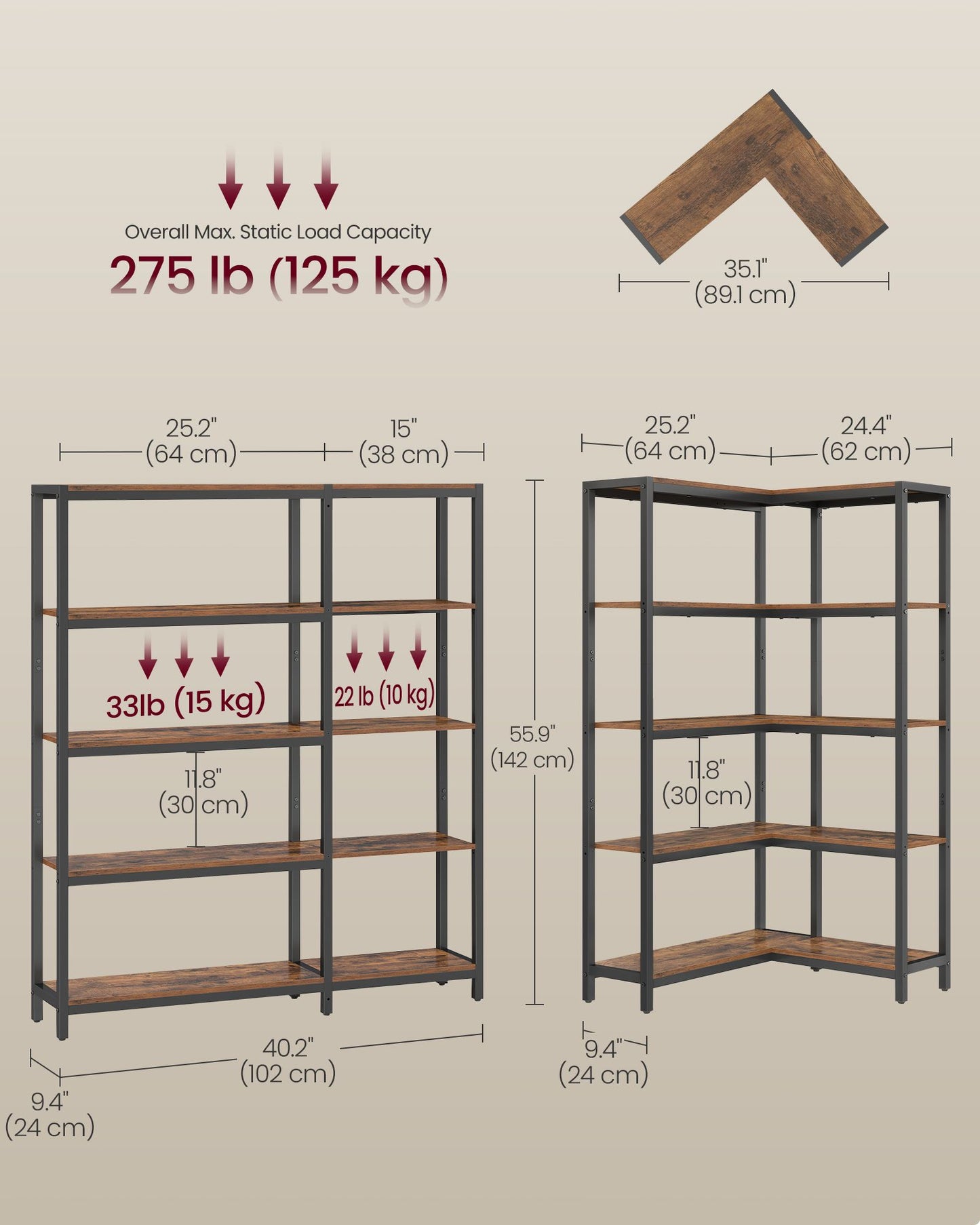 VASAGLE 5 Tier Bookshelf, Convertible Corner Shelf, 40.2 X 9.4 X 55.9 in Modern Basic with Steel – Rustic Brown, Ink Black