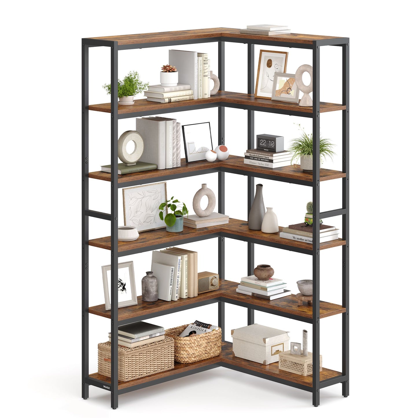 VASAGLE 6 Tier Bookshelf, Convertible Corner Shelf – Rustic Brown, Ink Black